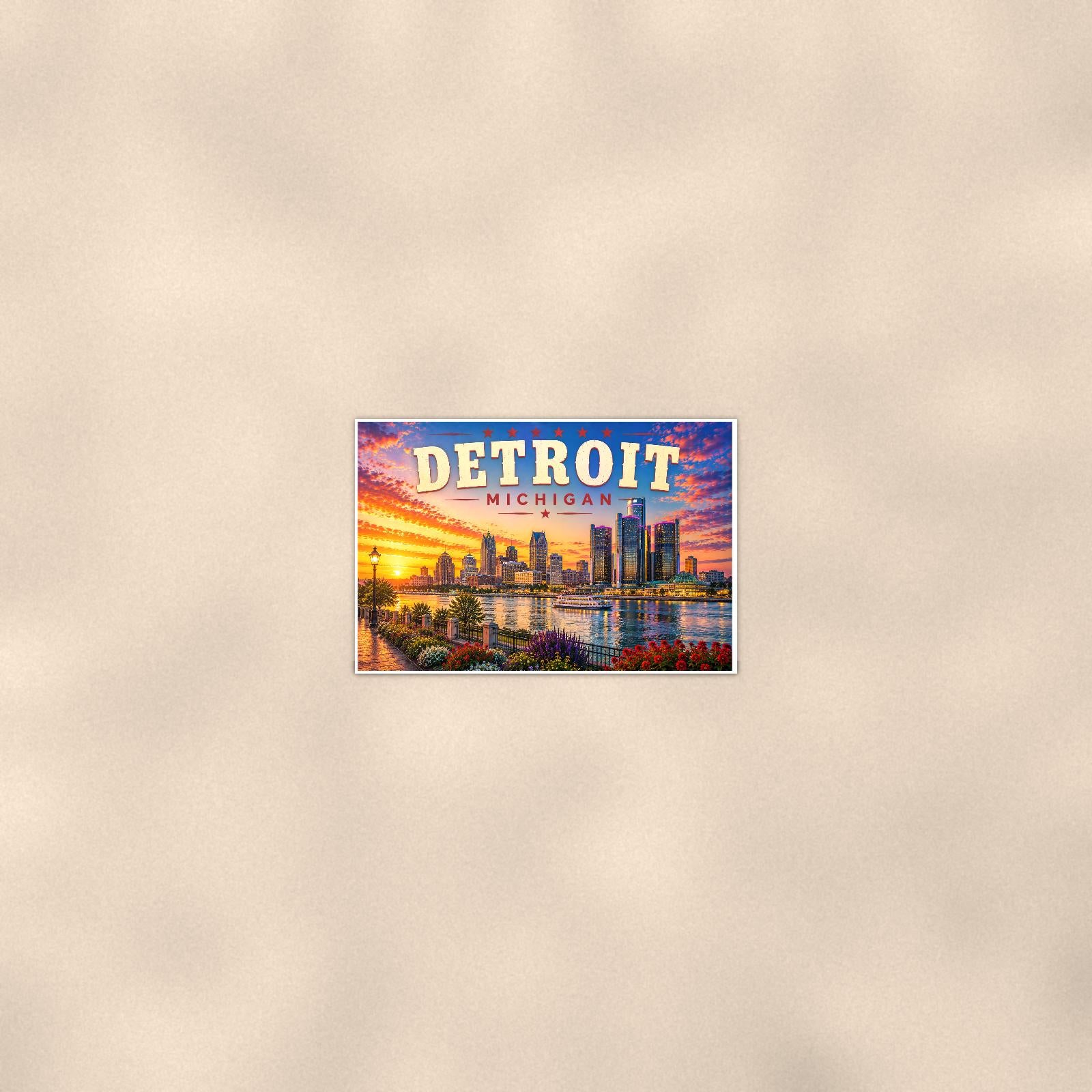 Detroit Skyline — 36x24 in art print poster, premium luster paper with a white border; poster seen from further back, at true 24x36 in scale on a warm wall.