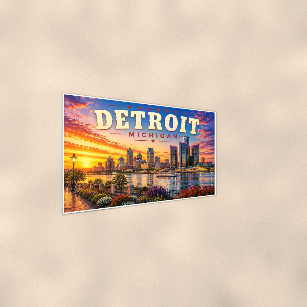 Detroit Skyline — 36x24 in art print poster, premium luster paper with a white border; steeper three-quarter angle on a warm wall, catching the luster sheen.