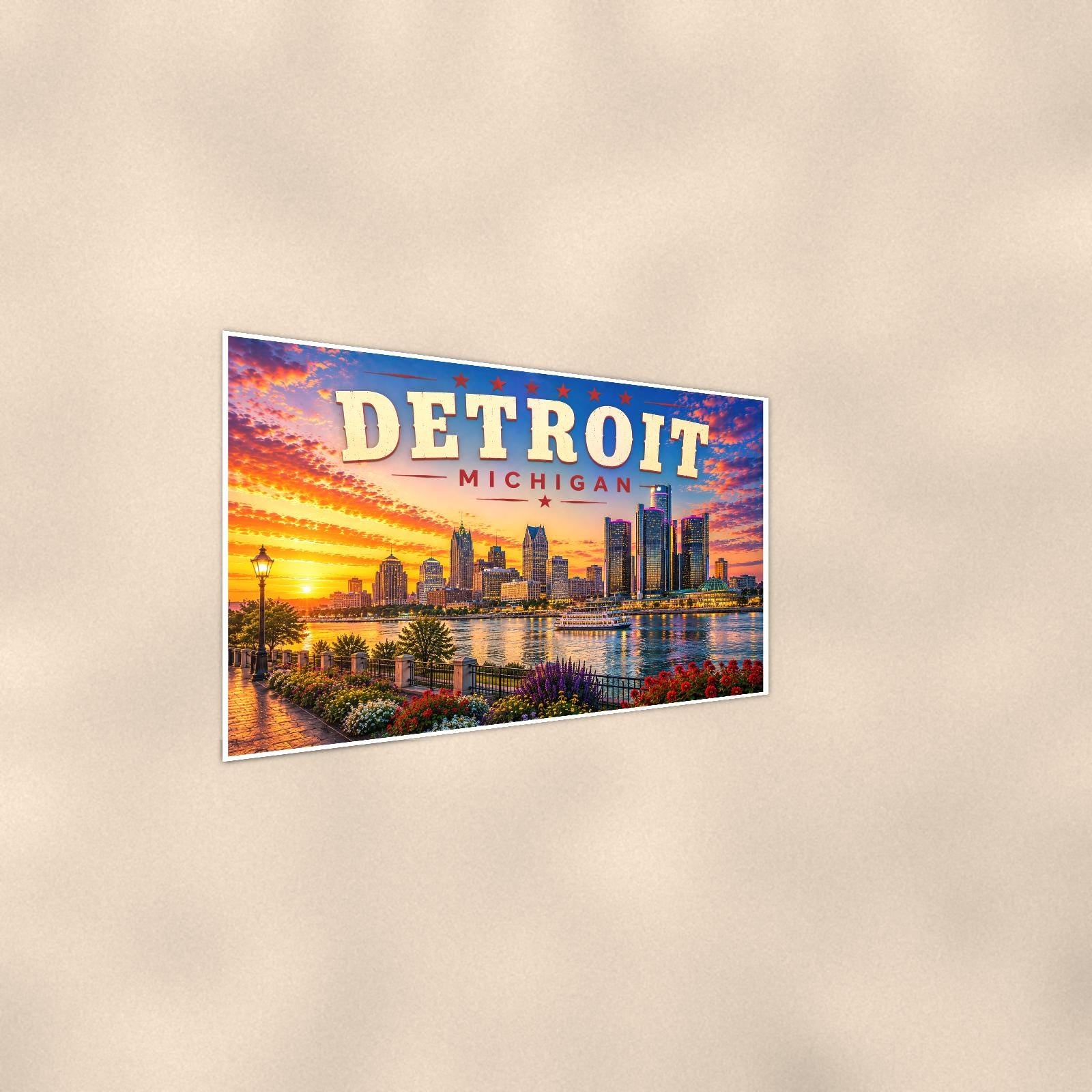 Detroit Skyline — 36x24 in art print poster, premium luster paper with a white border; steeper three-quarter angle on a warm wall, catching the luster sheen.