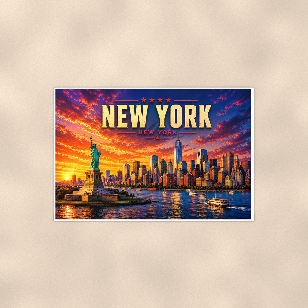 New York Skyline — 36x24 in art print poster, premium luster paper with a white border; poster shown straight on against a warm wall.