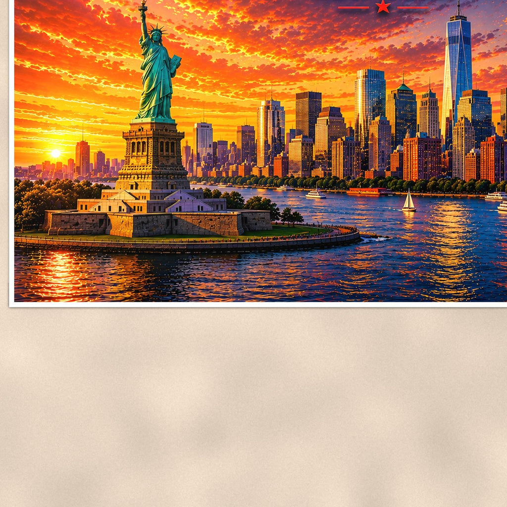 New York Skyline — 36x24 in art print poster, premium luster paper with a white border; close-up framed on the main subject of the artwork, paper surface visible.