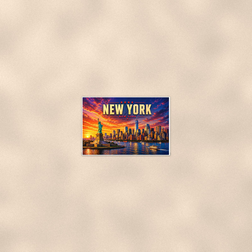 New York Skyline — 36x24 in art print poster, premium luster paper with a white border; poster seen from further back, at true 24x36 in scale on a warm wall.