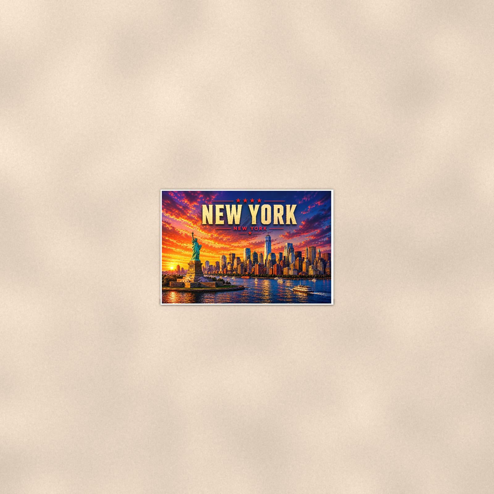 New York Skyline — 36x24 in art print poster, premium luster paper with a white border; poster seen from further back, at true 24x36 in scale on a warm wall.