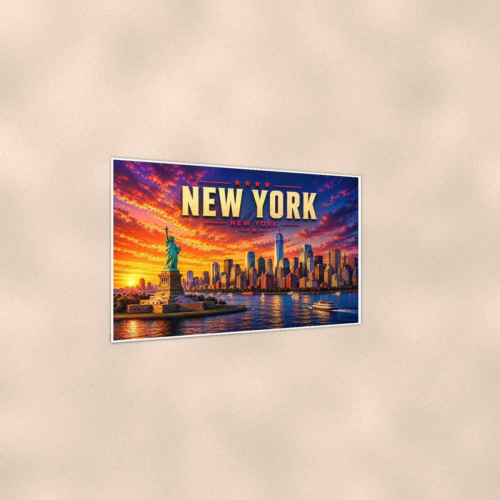 New York Skyline — 36x24 in art print poster, premium luster paper with a white border; gentle three-quarter angle on a warm wall, showing the flat paper edge.