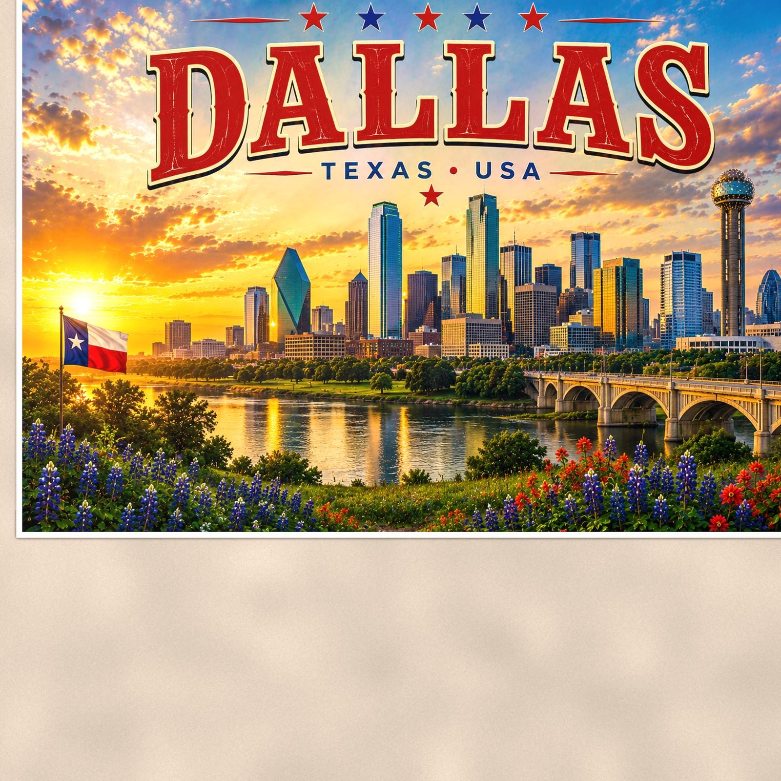 Dallas Skyline — 36x24 in art print poster, premium luster paper with a white border; close-up framed on the main subject of the artwork, paper surface visible.