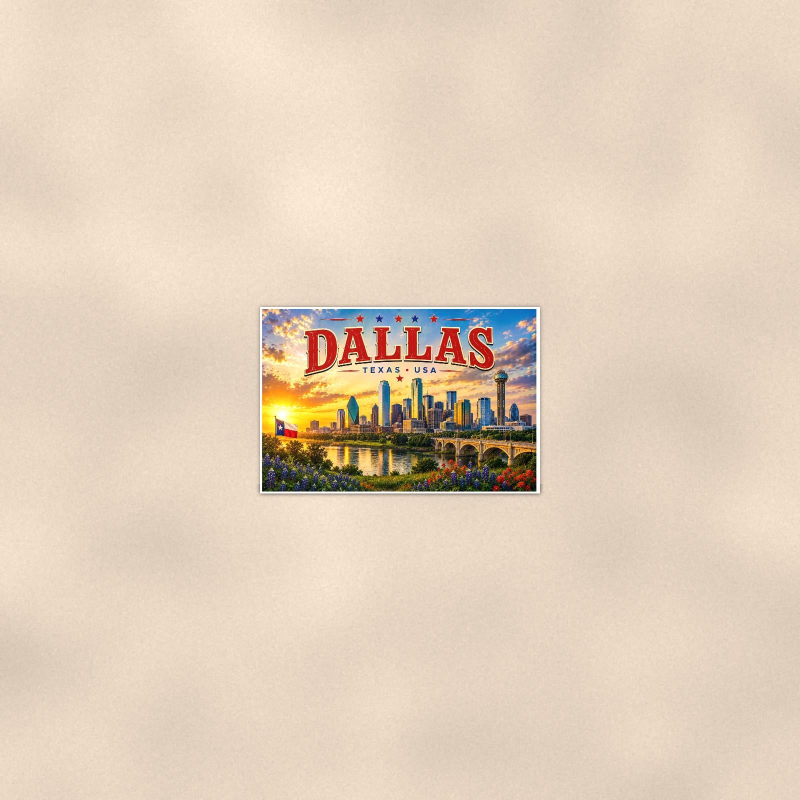 Dallas Skyline — 36x24 in art print poster, premium luster paper with a white border; poster seen from further back, at true 24x36 in scale on a warm wall.