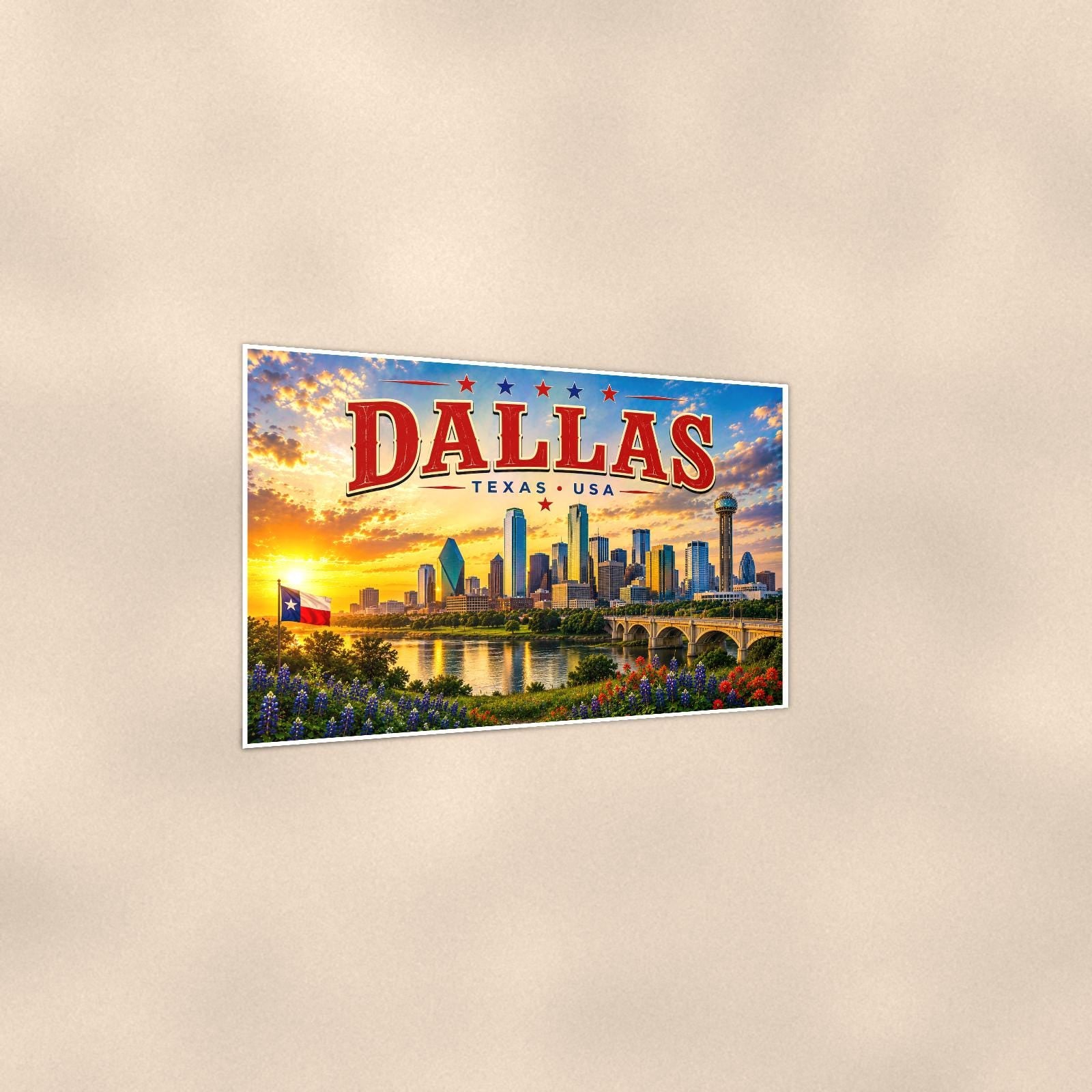 Dallas Skyline — 36x24 in art print poster, premium luster paper with a white border; gentle three-quarter angle on a warm wall, showing the flat paper edge.