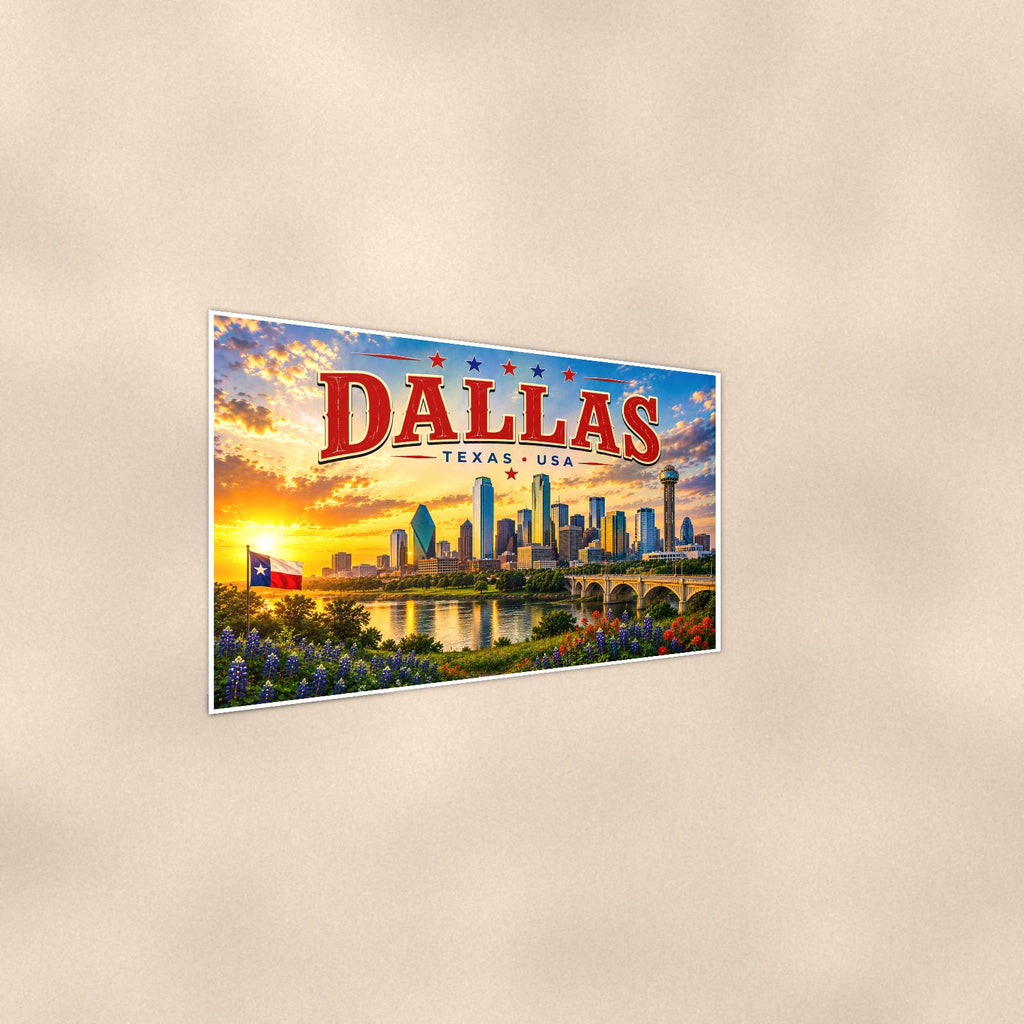 Dallas Skyline — 36x24 in art print poster, premium luster paper with a white border; steeper three-quarter angle on a warm wall, catching the luster sheen.