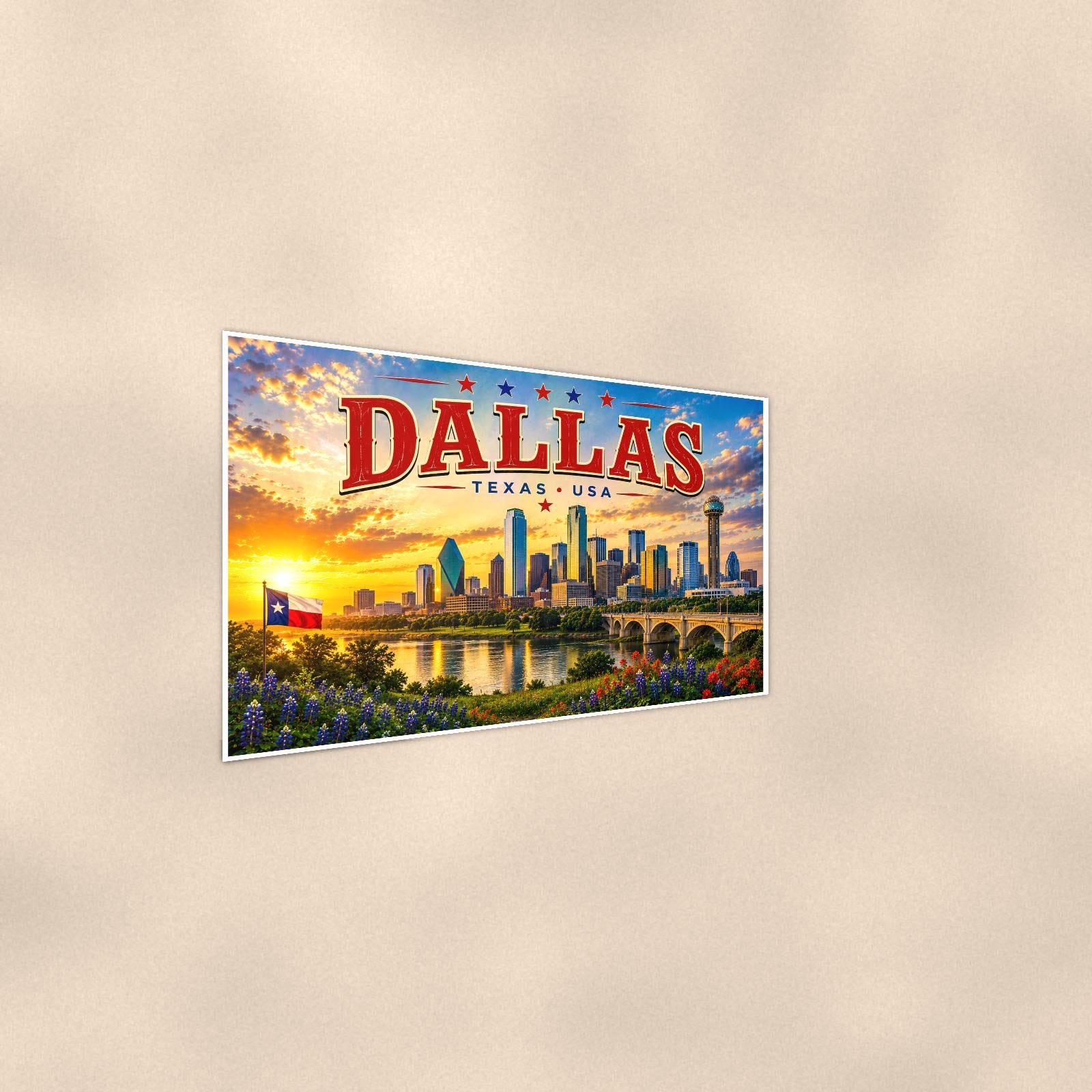 Dallas Skyline — 36x24 in art print poster, premium luster paper with a white border; steeper three-quarter angle on a warm wall, catching the luster sheen.