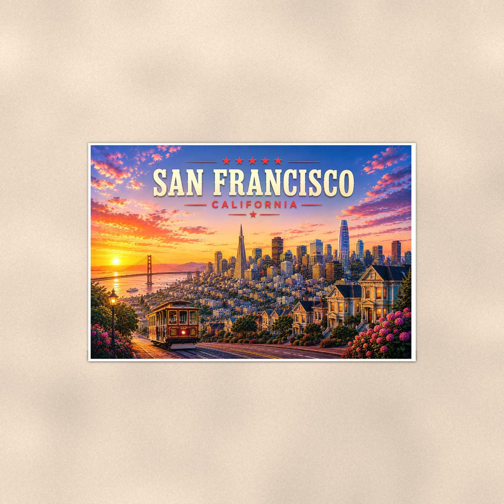 San Francisco Skyline — 36x24 in art print poster, premium luster paper with a white border; poster shown straight on against a warm wall.