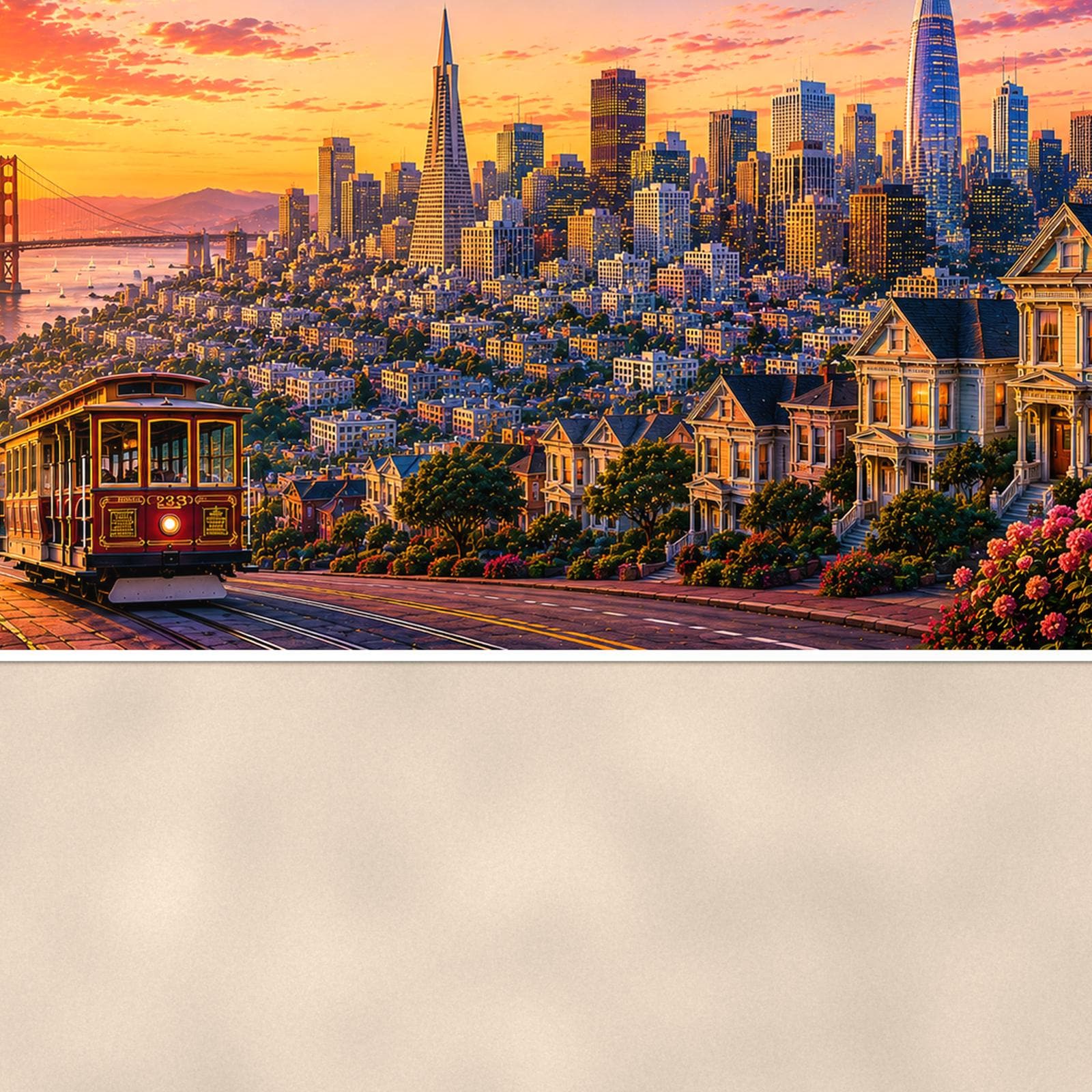 San Francisco Skyline — 36x24 in art print poster, premium luster paper with a white border; close-up framed on the main subject of the artwork, paper surface visible.