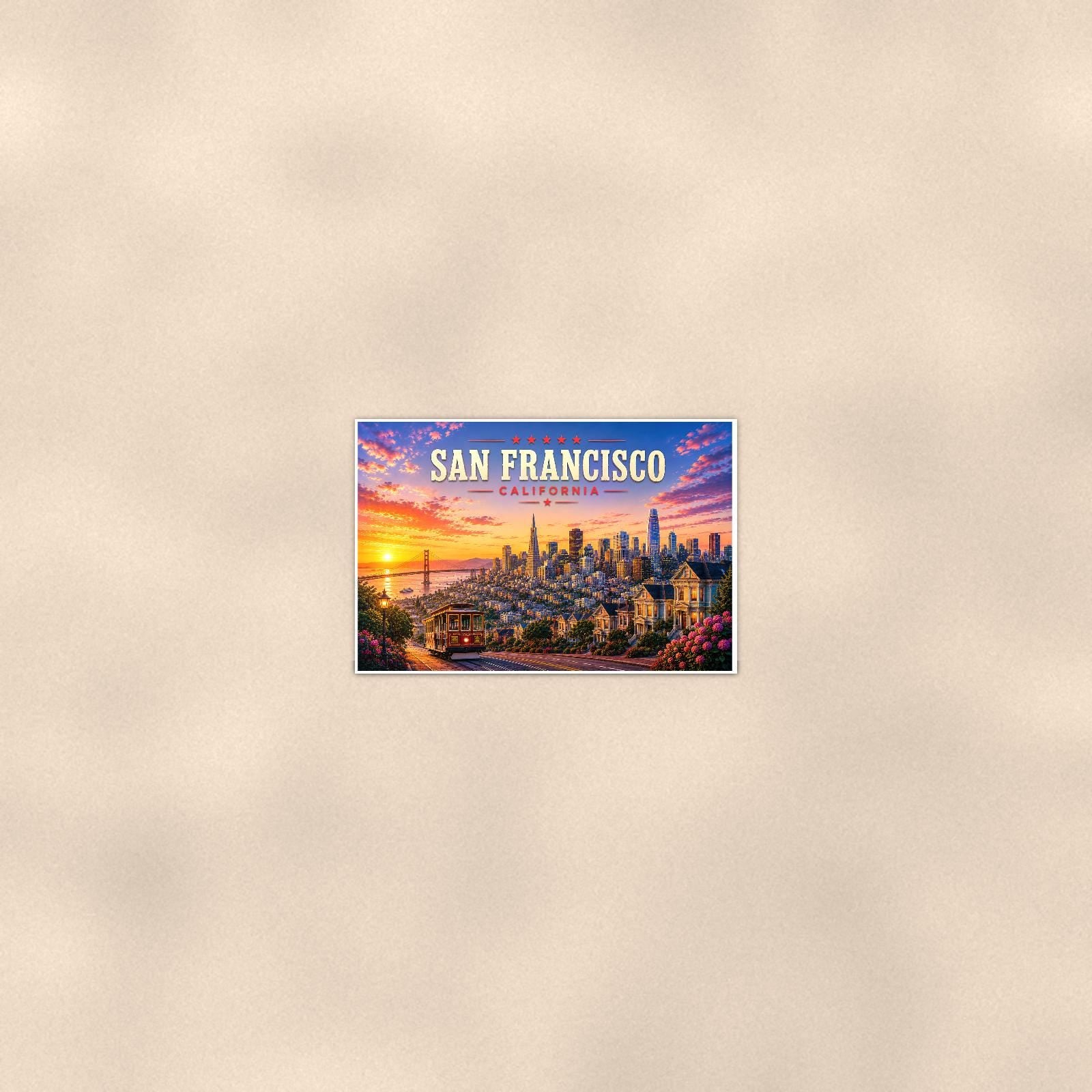 San Francisco Skyline — 36x24 in art print poster, premium luster paper with a white border; poster seen from further back, at true 24x36 in scale on a warm wall.