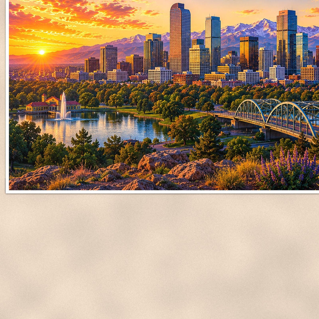 Denver Skyline — 36x24 in art print poster, premium luster paper with a white border; close-up framed on the main subject of the artwork, paper surface visible.