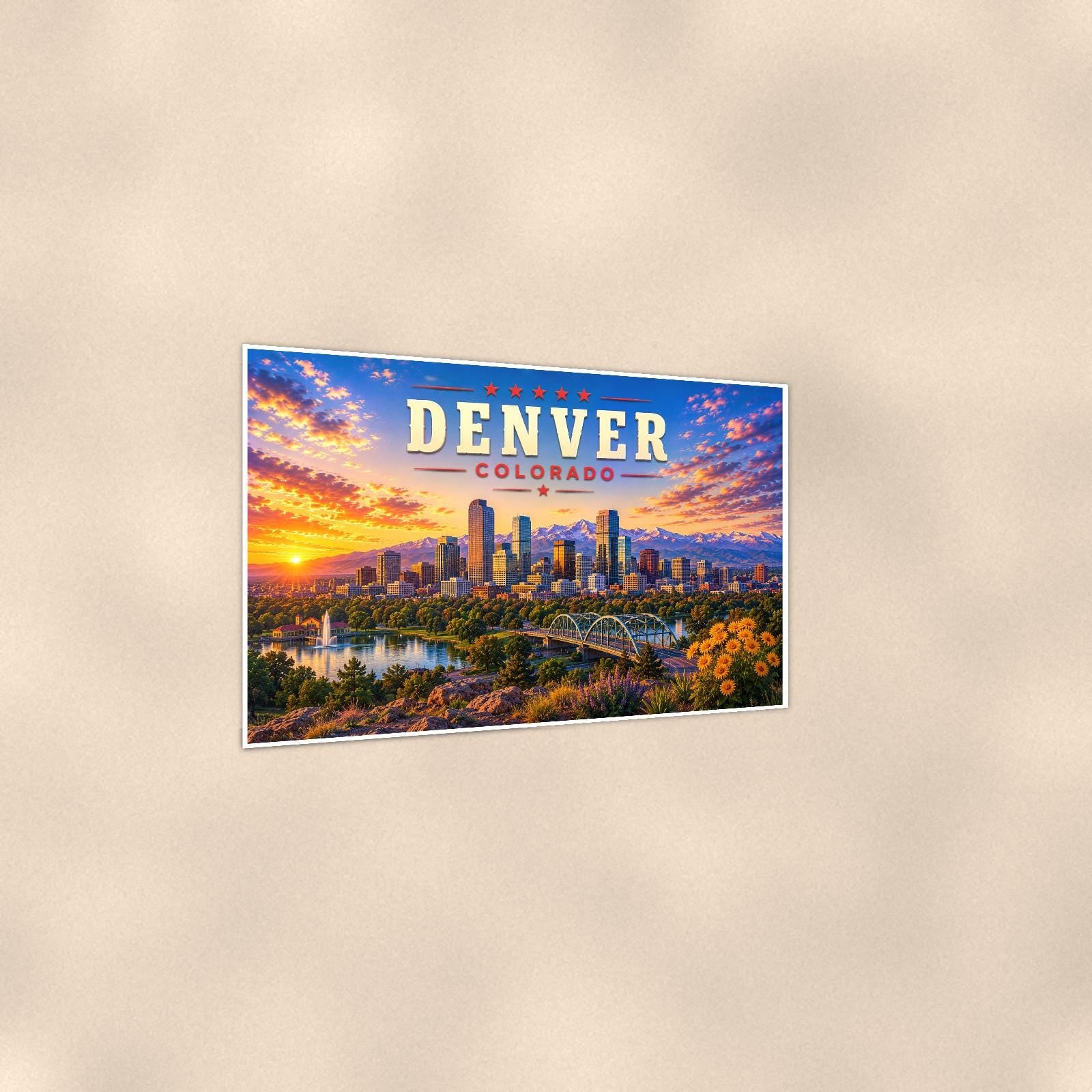 Denver Skyline — 36x24 in art print poster, premium luster paper with a white border; gentle three-quarter angle on a warm wall, showing the flat paper edge.