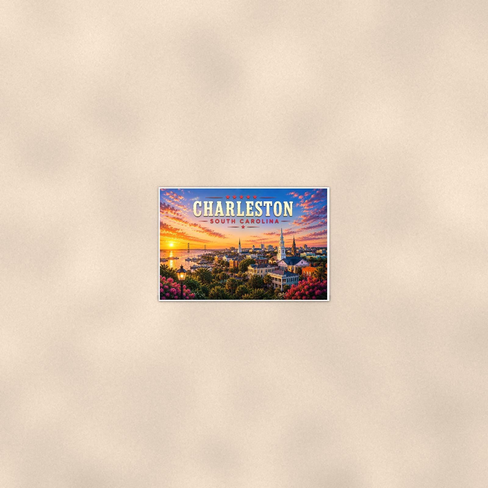 Charleston Skyline — 36x24 in art print poster, premium luster paper with a white border; poster seen from further back, at true 24x36 in scale on a warm wall.