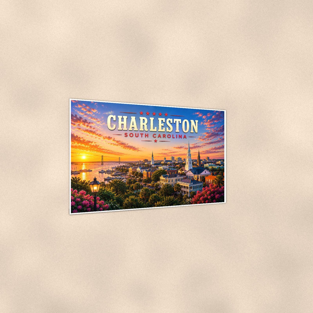 Charleston Skyline — 36x24 in art print poster, premium luster paper with a white border; gentle three-quarter angle on a warm wall, showing the flat paper edge.