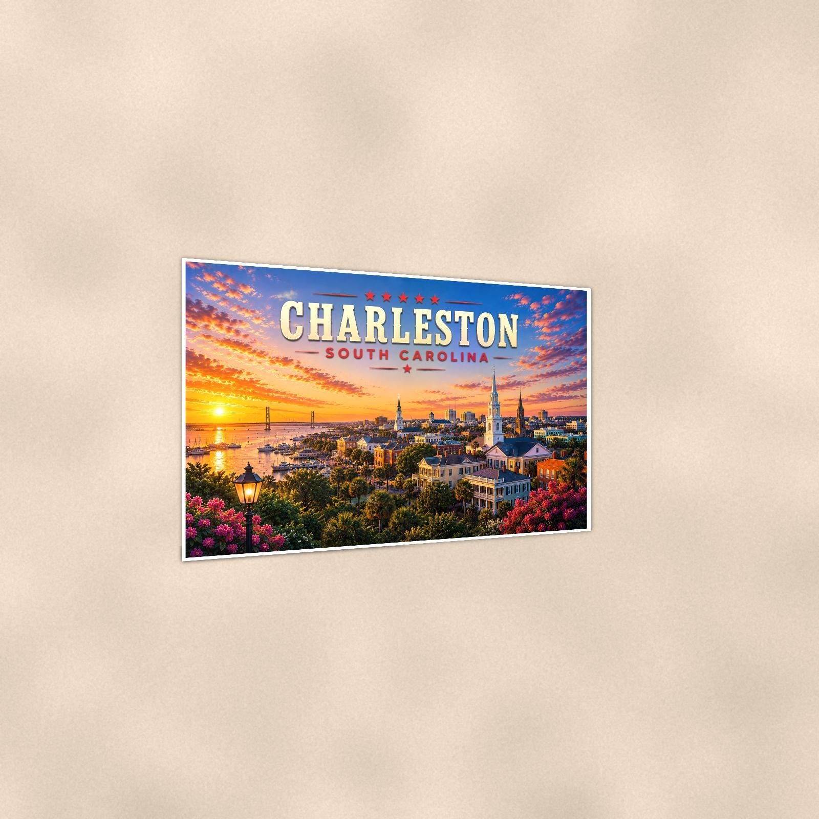 Charleston Skyline — 36x24 in art print poster, premium luster paper with a white border; gentle three-quarter angle on a warm wall, showing the flat paper edge.