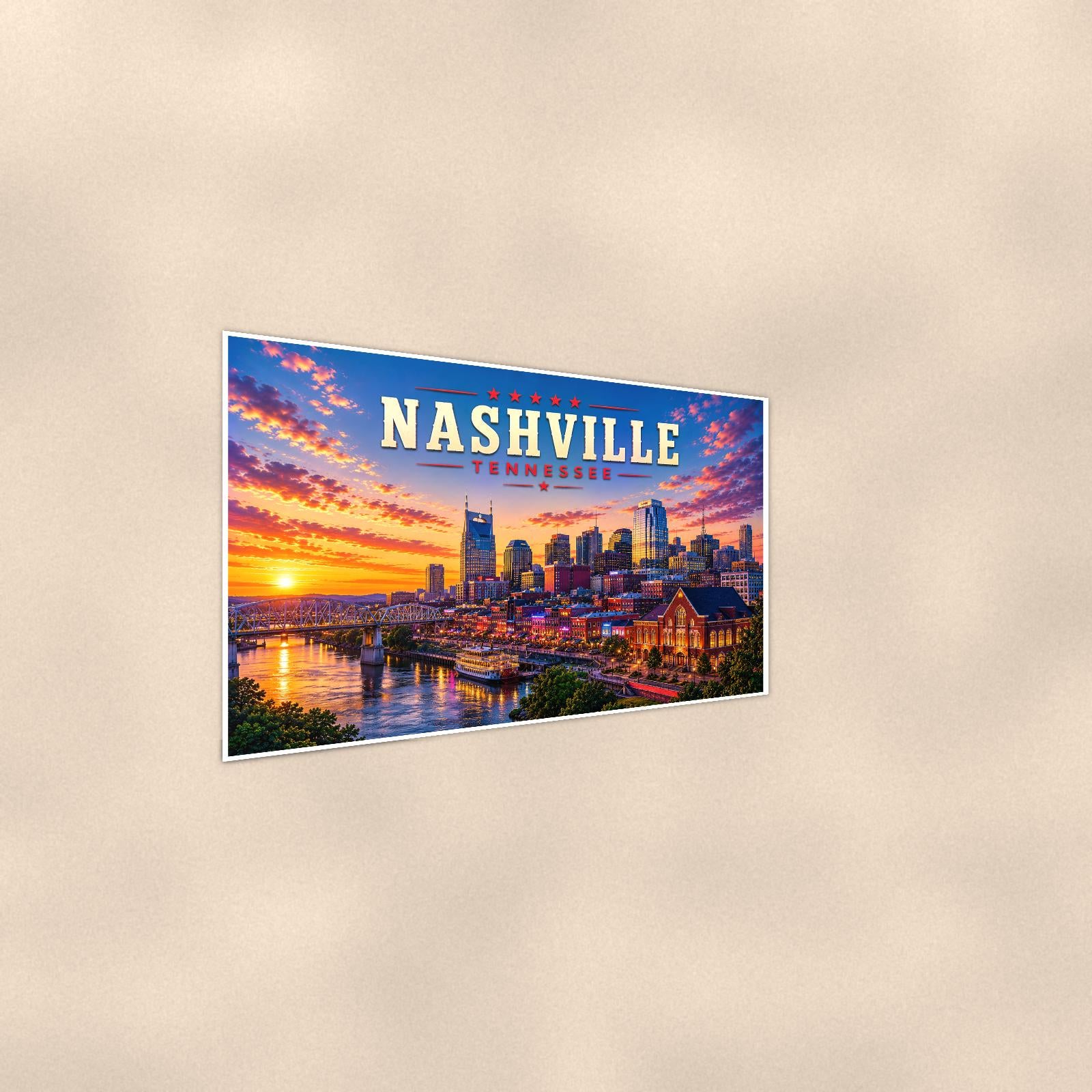 Nashville Skyline — 36x24 in art print poster, premium luster paper with a white border; steeper three-quarter angle on a warm wall, catching the luster sheen.