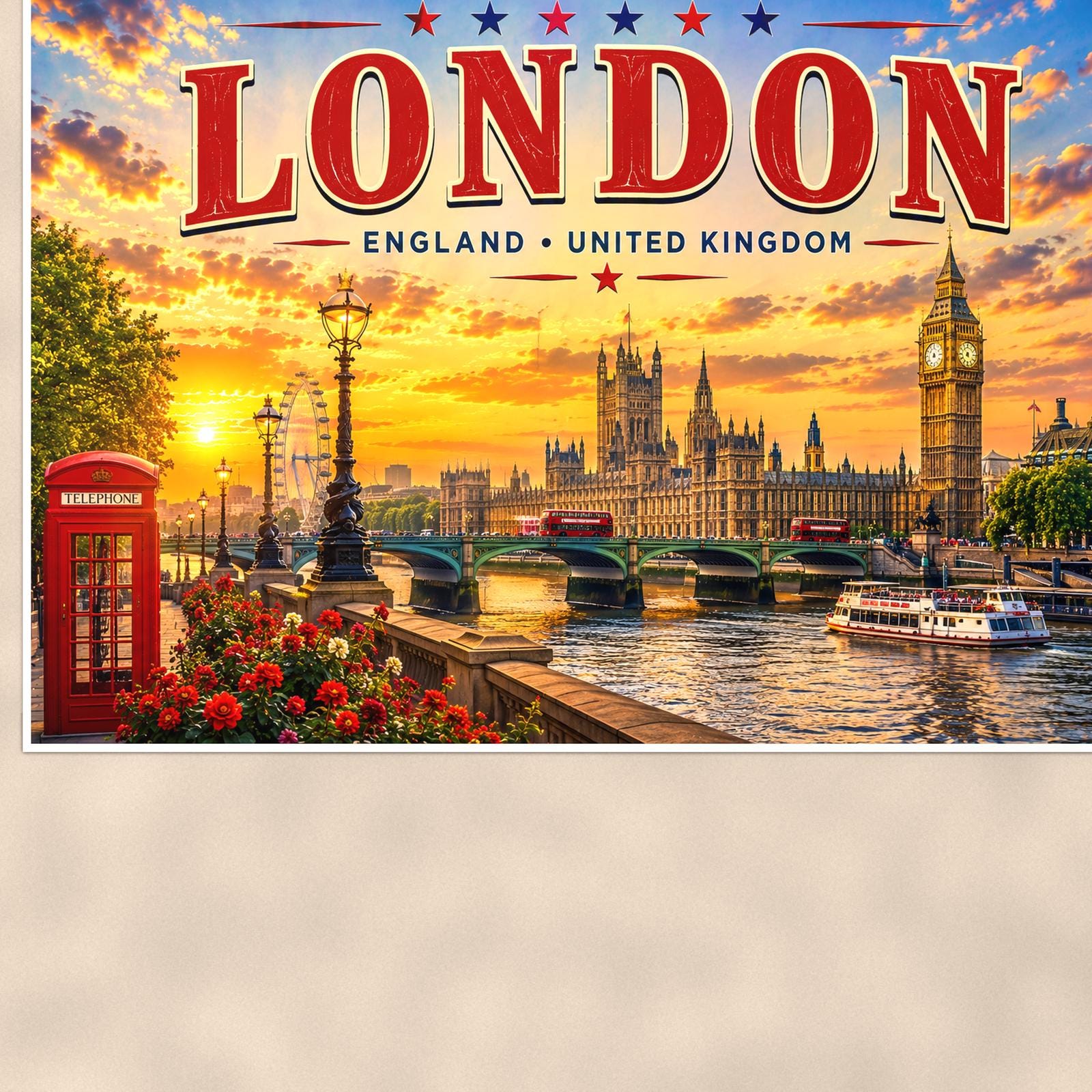 London Skyline — 36x24 in art print poster, premium luster paper with a white border; close-up framed on the main subject of the artwork, paper surface visible.