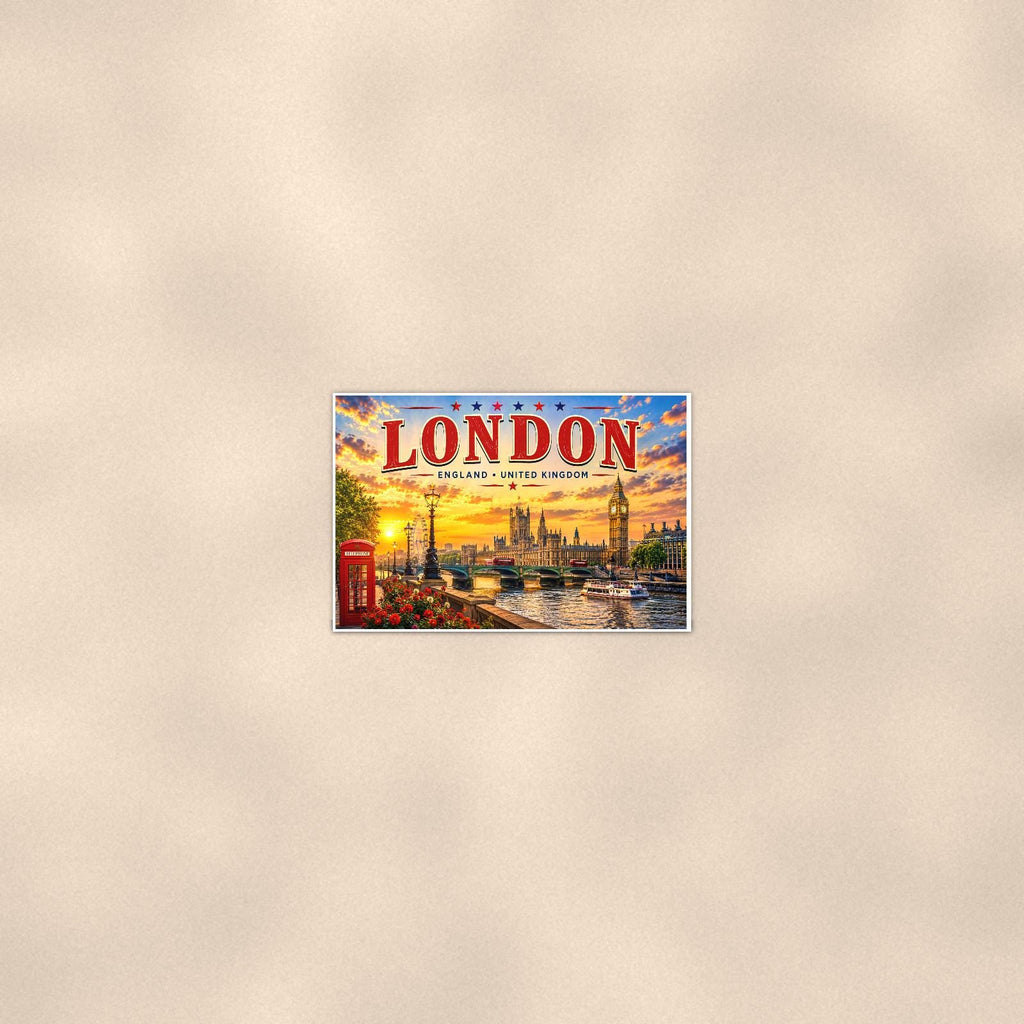 London Skyline — 36x24 in art print poster, premium luster paper with a white border; poster seen from further back, at true 24x36 in scale on a warm wall.