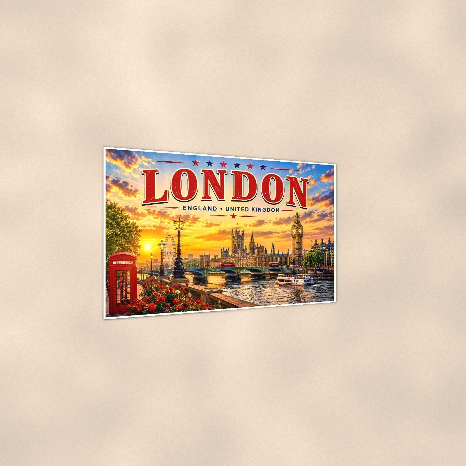 London Skyline — 36x24 in art print poster, premium luster paper with a white border; gentle three-quarter angle on a warm wall, showing the flat paper edge.