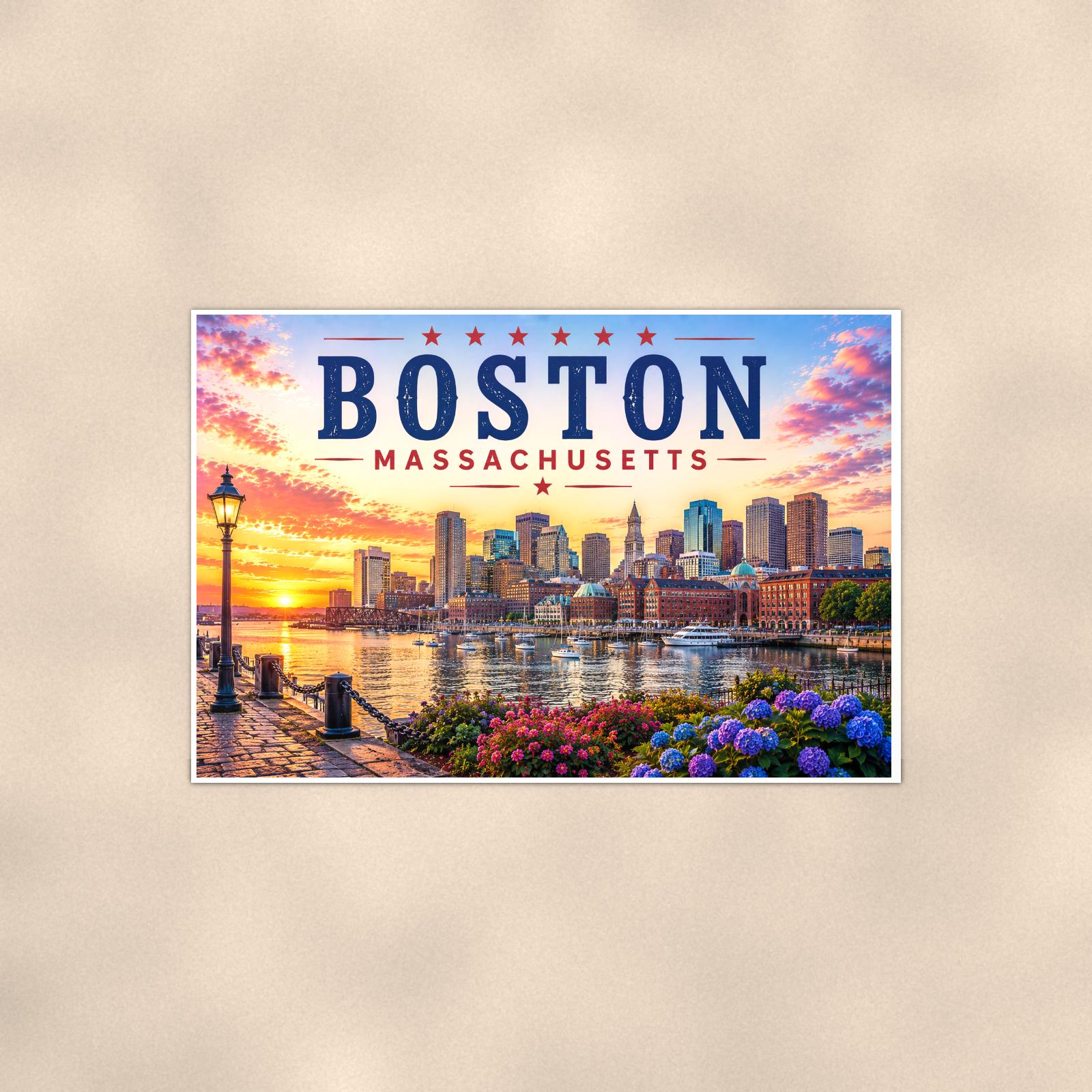 Boston Skyline — 36x24 in art print poster, premium luster paper with a white border; poster shown straight on against a warm wall.