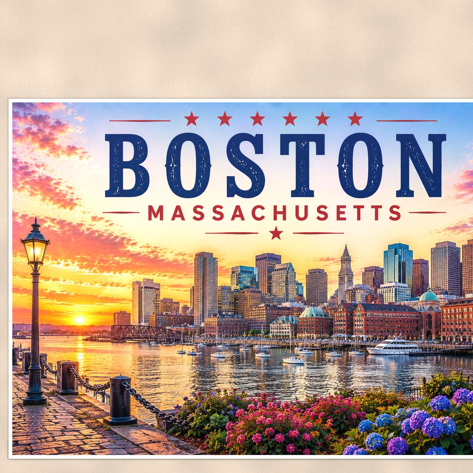 Boston Skyline — 36x24 in art print poster, premium luster paper with a white border; close-up framed on the main subject of the artwork, paper surface visible.