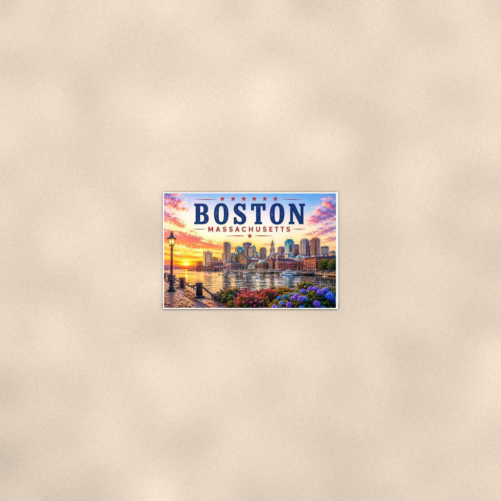 Boston Skyline — 36x24 in art print poster, premium luster paper with a white border; poster seen from further back, at true 24x36 in scale on a warm wall.