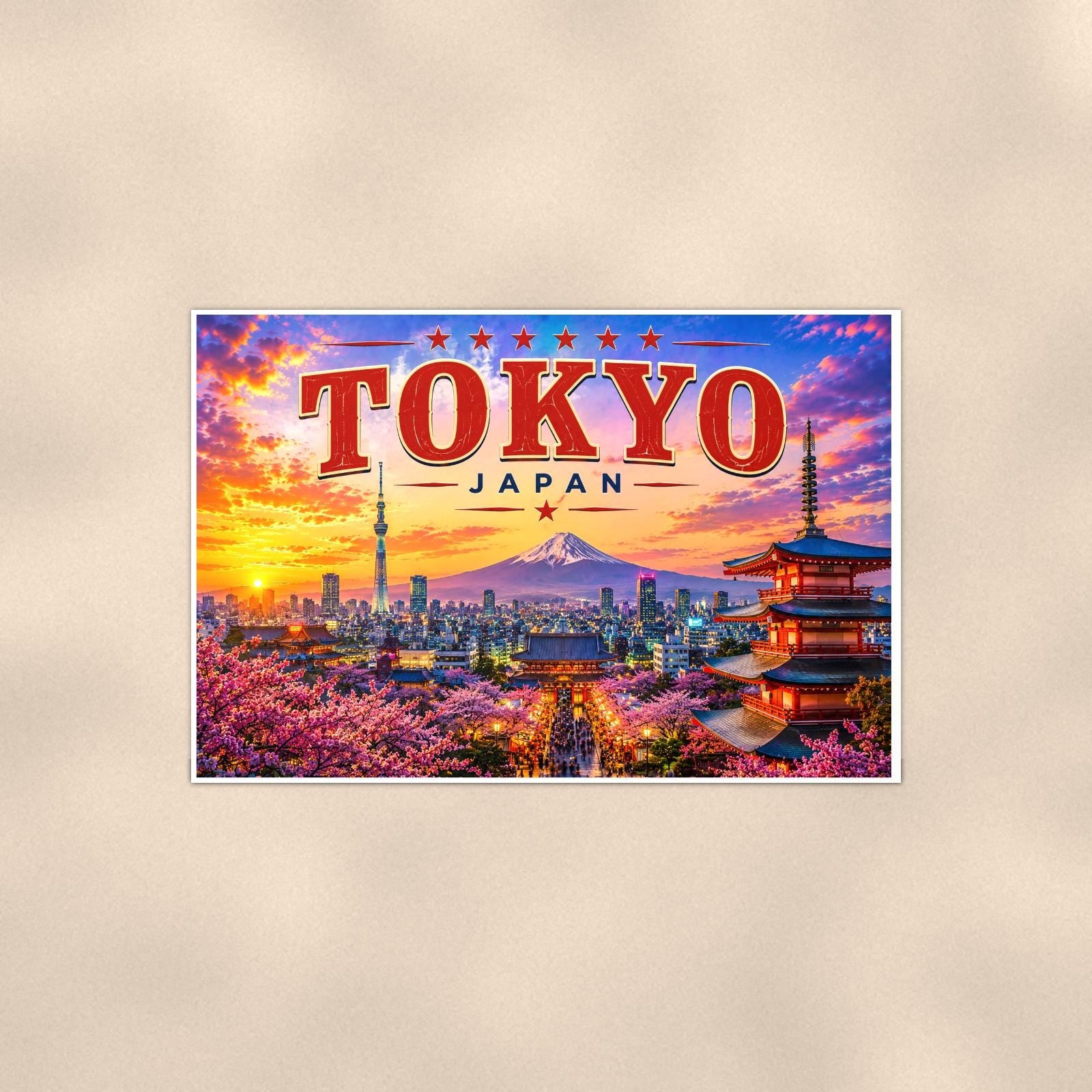 Tokyo Skyline — 36x24 in art print poster, premium luster paper with a white border; poster shown straight on against a warm wall.