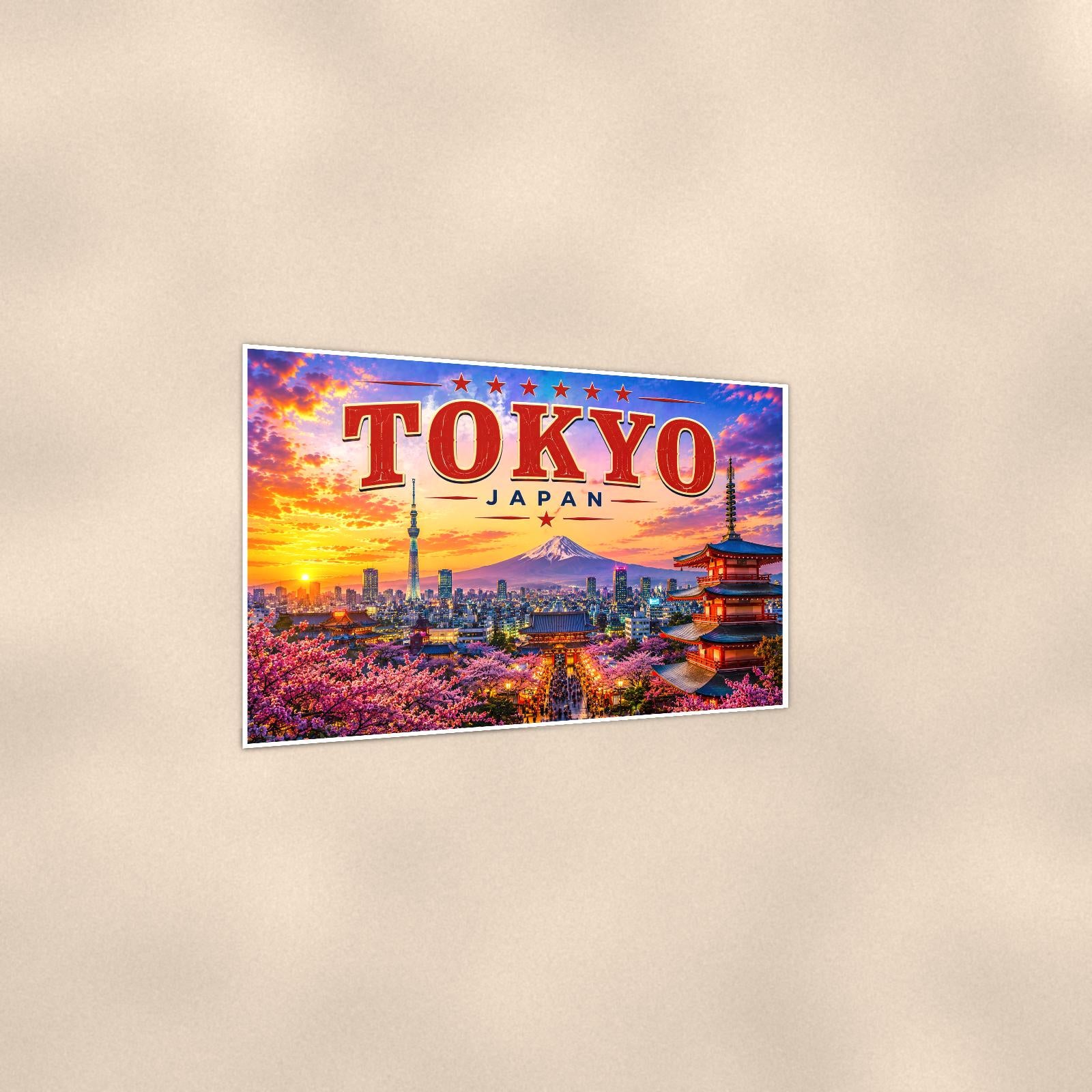 Tokyo Skyline — 36x24 in art print poster, premium luster paper with a white border; gentle three-quarter angle on a warm wall, showing the flat paper edge.