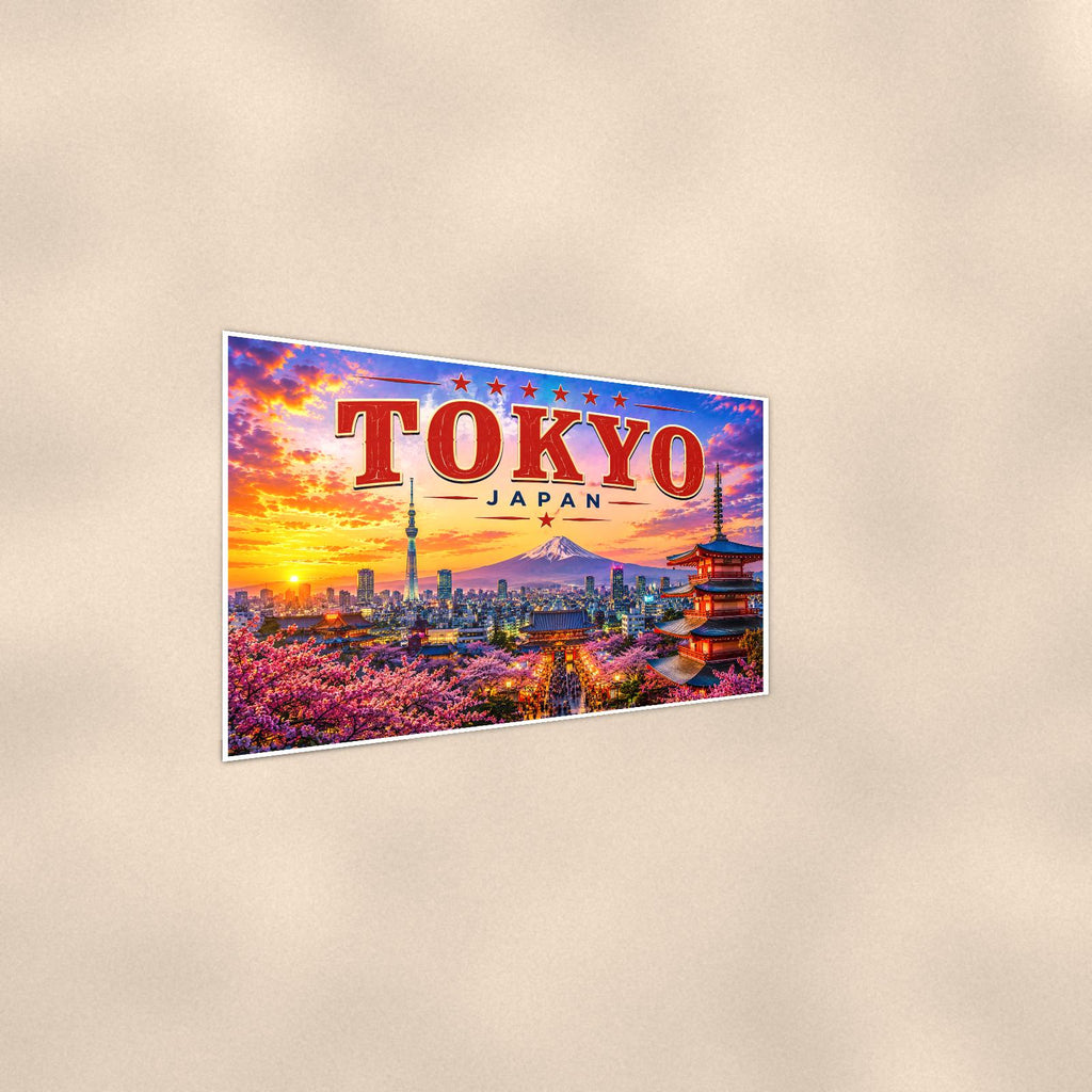 Tokyo Skyline — 36x24 in art print poster, premium luster paper with a white border; steeper three-quarter angle on a warm wall, catching the luster sheen.