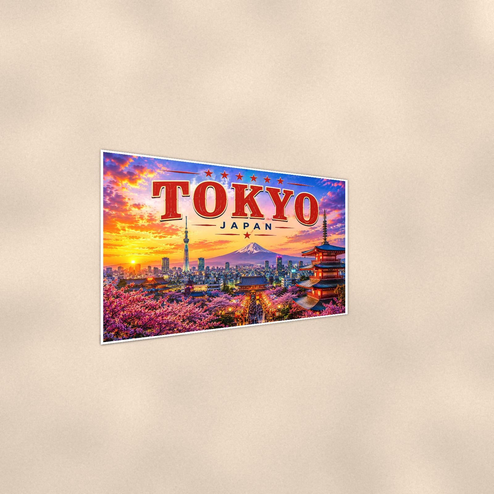Tokyo Skyline — 36x24 in art print poster, premium luster paper with a white border; steeper three-quarter angle on a warm wall, catching the luster sheen.