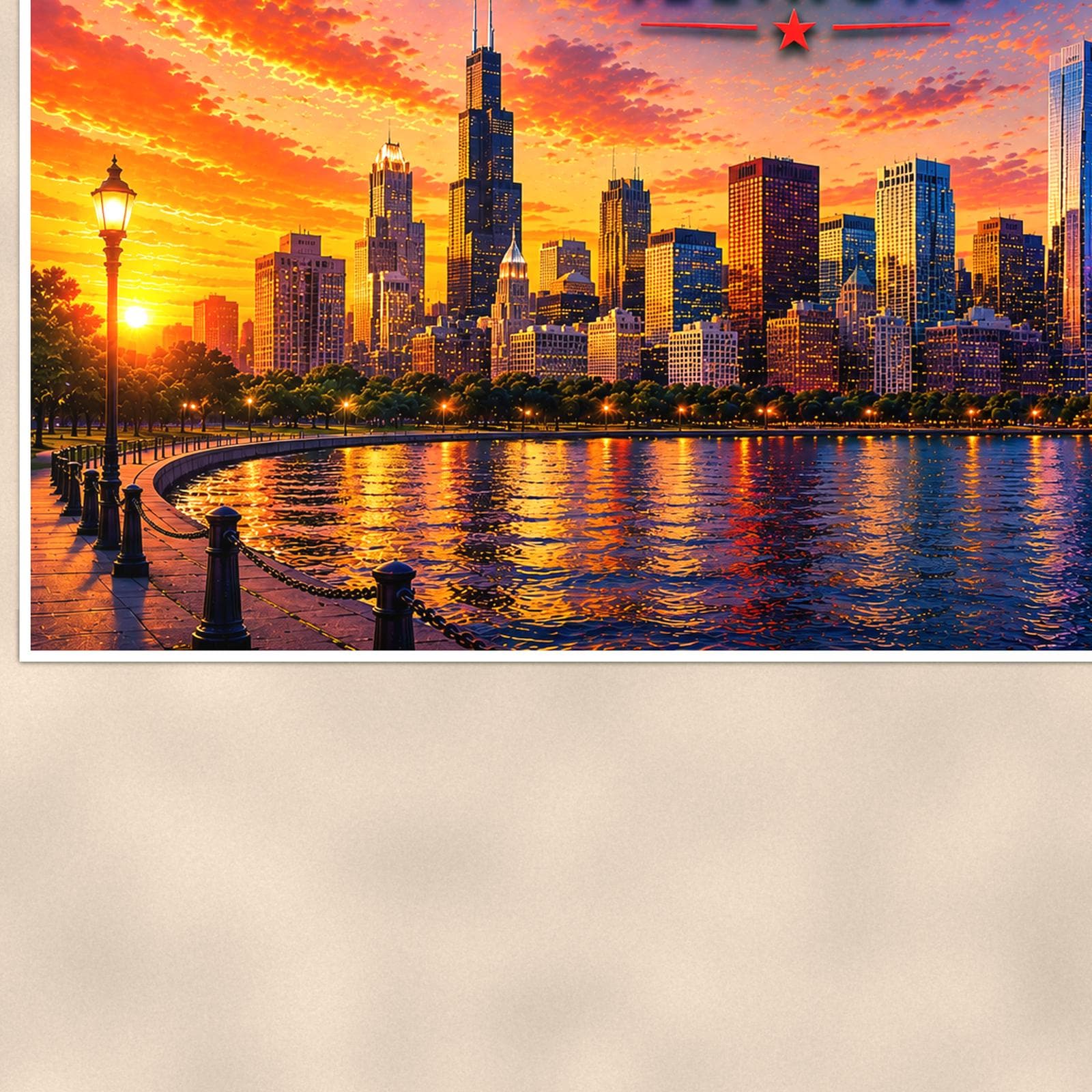 Chicago Skyline — 36x24 in art print poster, premium luster paper with a white border; close-up framed on the main subject of the artwork, paper surface visible.