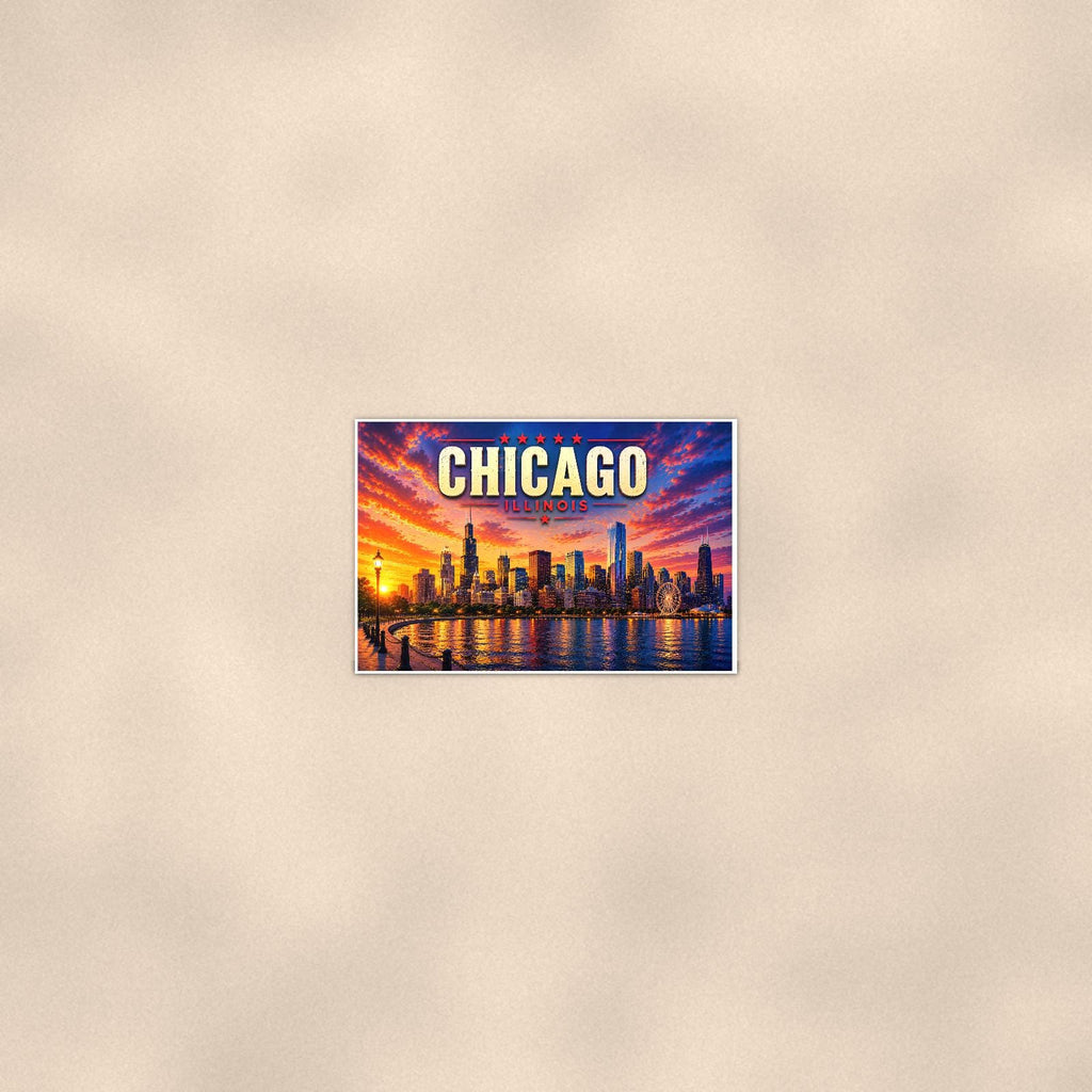 Chicago Skyline — 36x24 in art print poster, premium luster paper with a white border; poster seen from further back, at true 24x36 in scale on a warm wall.