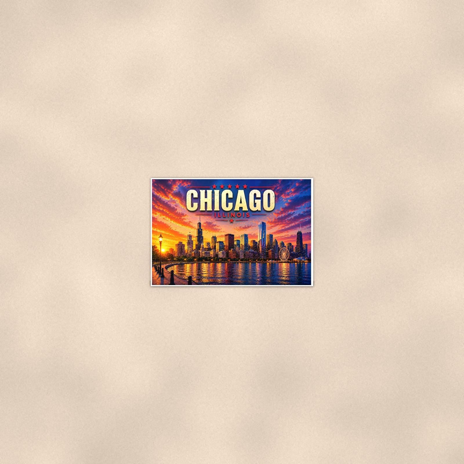 Chicago Skyline — 36x24 in art print poster, premium luster paper with a white border; poster seen from further back, at true 24x36 in scale on a warm wall.