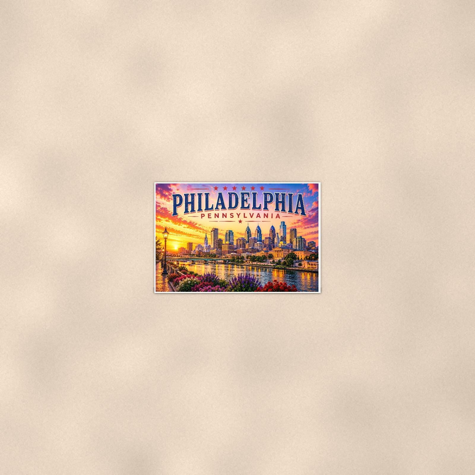 Philadelphia Skyline — 36x24 in art print poster, premium luster paper with a white border; poster seen from further back, at true 24x36 in scale on a warm wall.