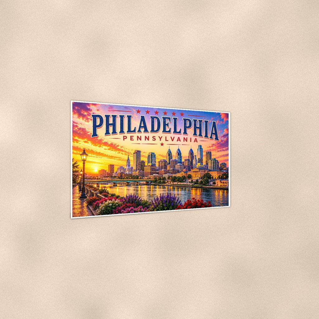 Philadelphia Skyline — 36x24 in art print poster, premium luster paper with a white border; gentle three-quarter angle on a warm wall, showing the flat paper edge.