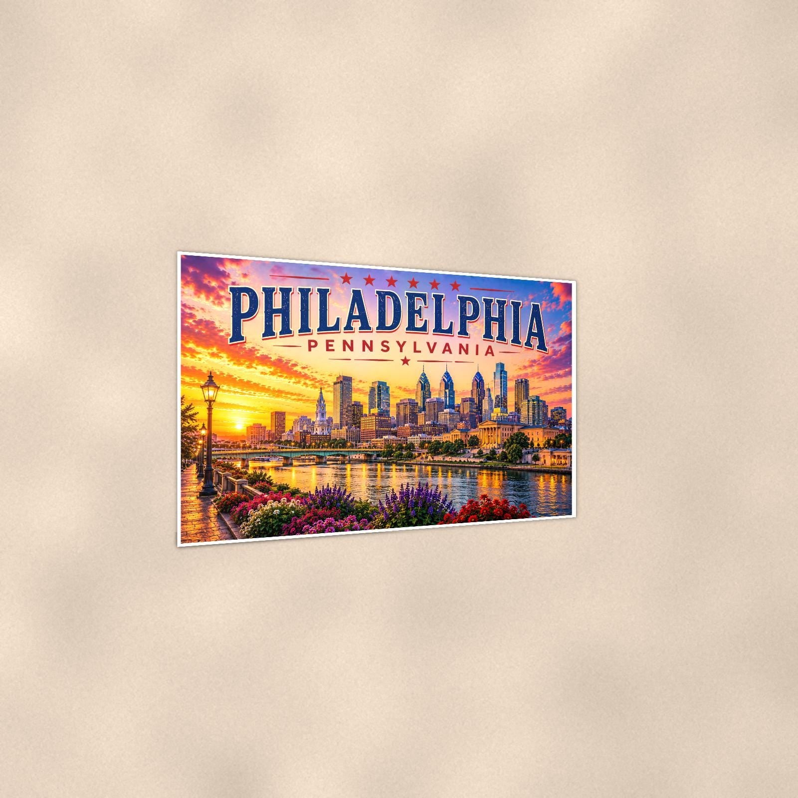 Philadelphia Skyline — 36x24 in art print poster, premium luster paper with a white border; gentle three-quarter angle on a warm wall, showing the flat paper edge.