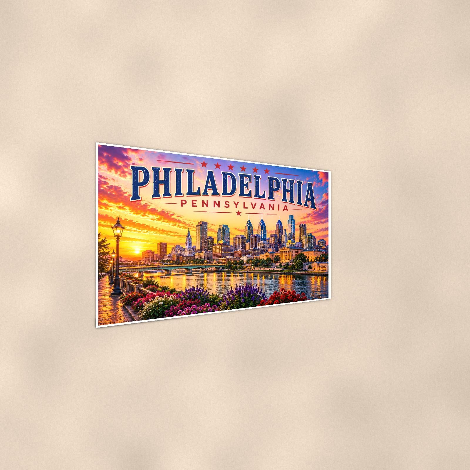 Philadelphia Skyline — 36x24 in art print poster, premium luster paper with a white border; steeper three-quarter angle on a warm wall, catching the luster sheen.