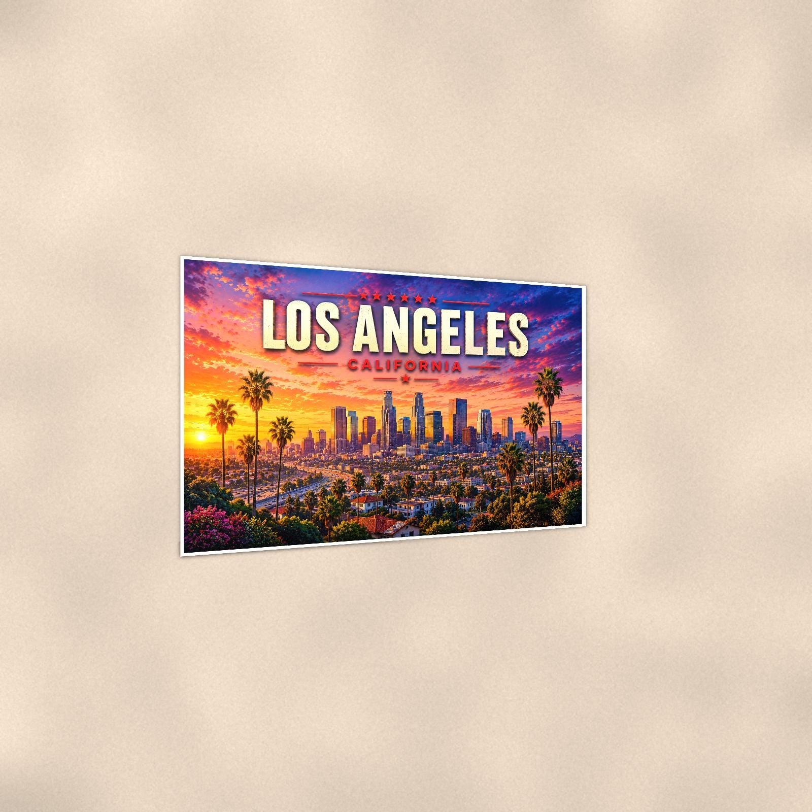 Los Angeles Skyline — 36x24 in art print poster, premium luster paper with a white border; gentle three-quarter angle on a warm wall, showing the flat paper edge.