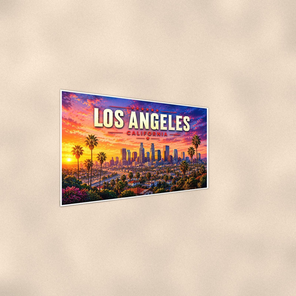 Los Angeles Skyline — 36x24 in art print poster, premium luster paper with a white border; steeper three-quarter angle on a warm wall, catching the luster sheen.