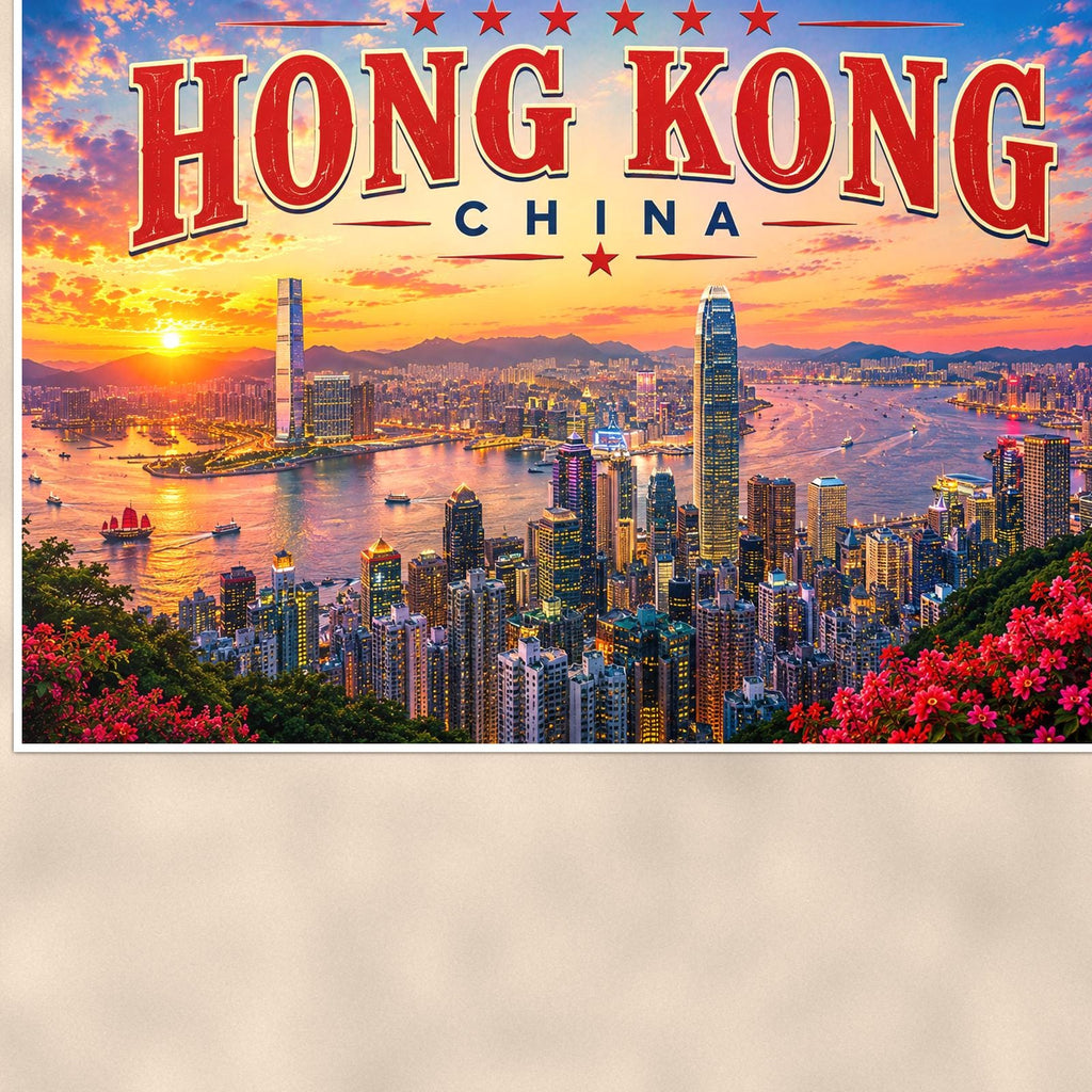 Hong Kong Skyline — 36x24 in art print poster, premium luster paper with a white border; close-up framed on the main subject of the artwork, paper surface visible.