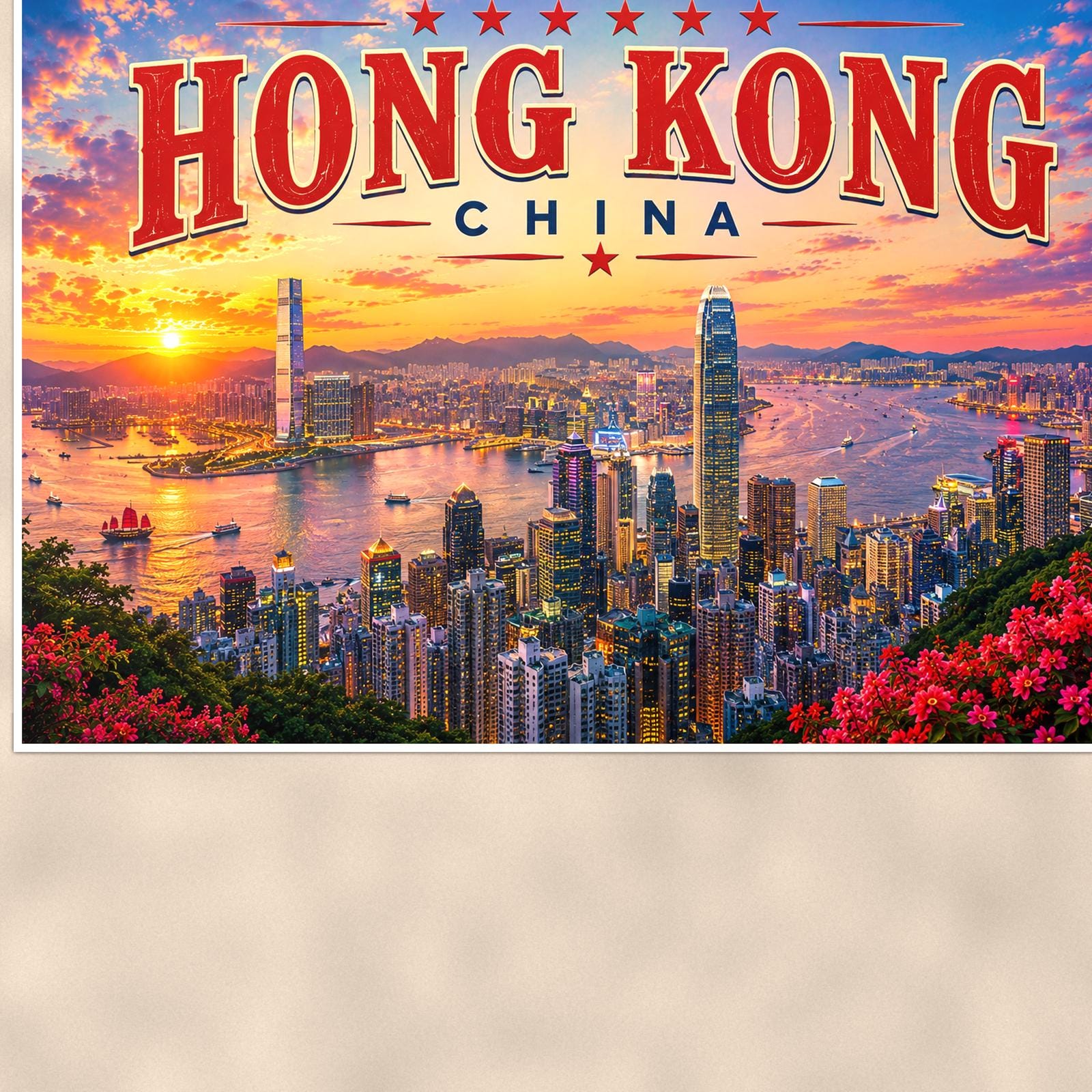 Hong Kong Skyline — 36x24 in art print poster, premium luster paper with a white border; close-up framed on the main subject of the artwork, paper surface visible.