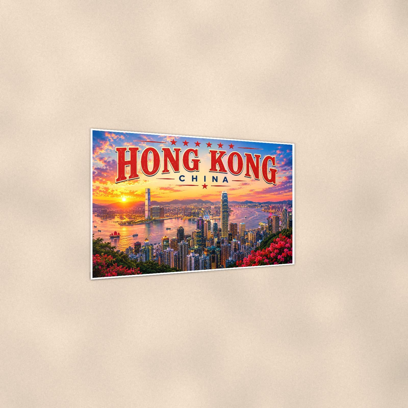 Hong Kong Skyline — 36x24 in art print poster, premium luster paper with a white border; gentle three-quarter angle on a warm wall, showing the flat paper edge.