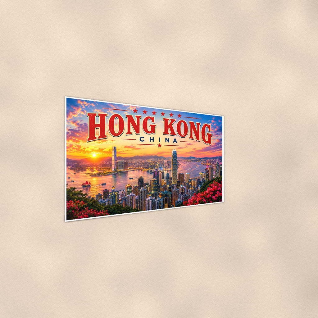 Hong Kong Skyline — 36x24 in art print poster, premium luster paper with a white border; steeper three-quarter angle on a warm wall, catching the luster sheen.