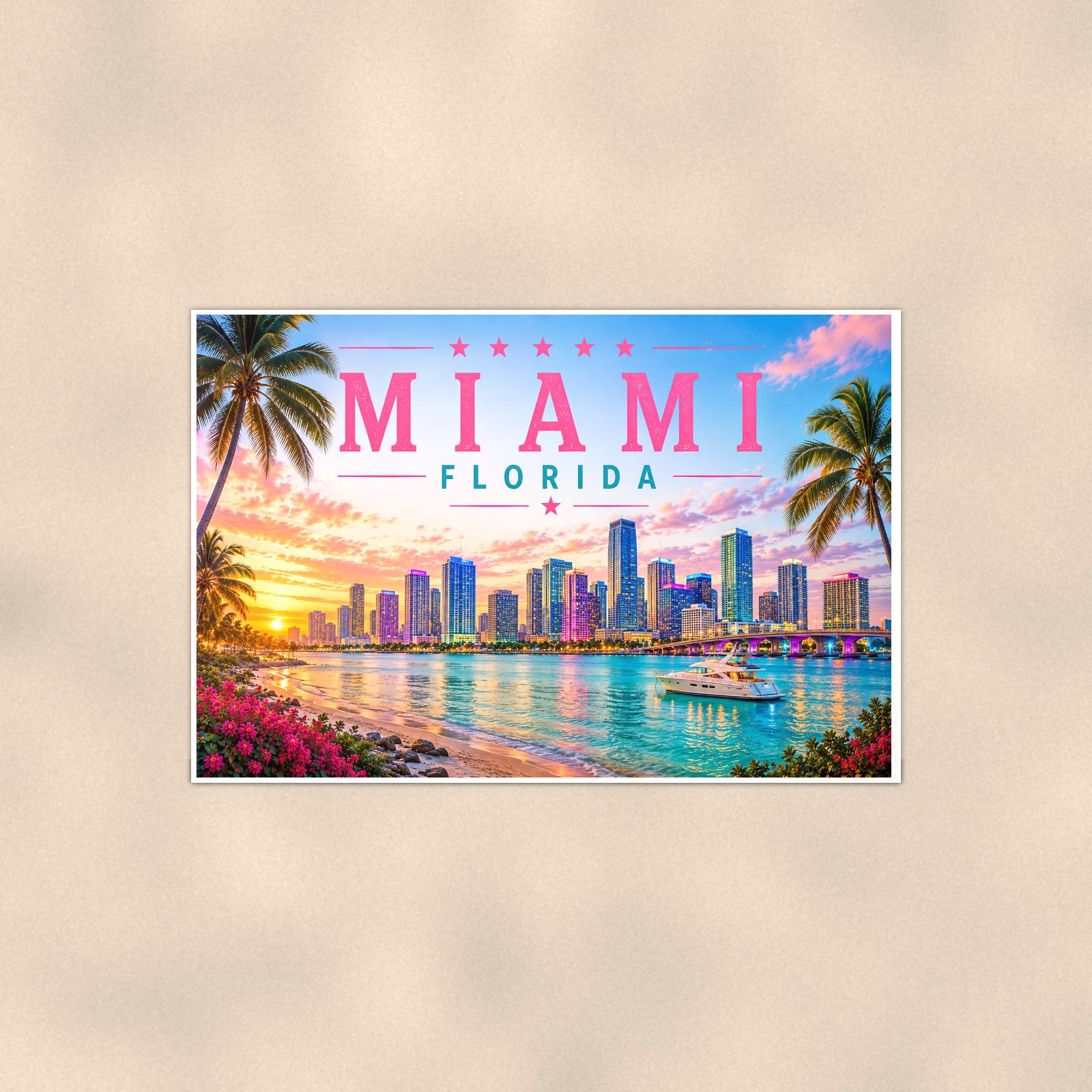 Miami Skyline — 36x24 in art print poster, premium luster paper with a white border; poster shown straight on against a warm wall.