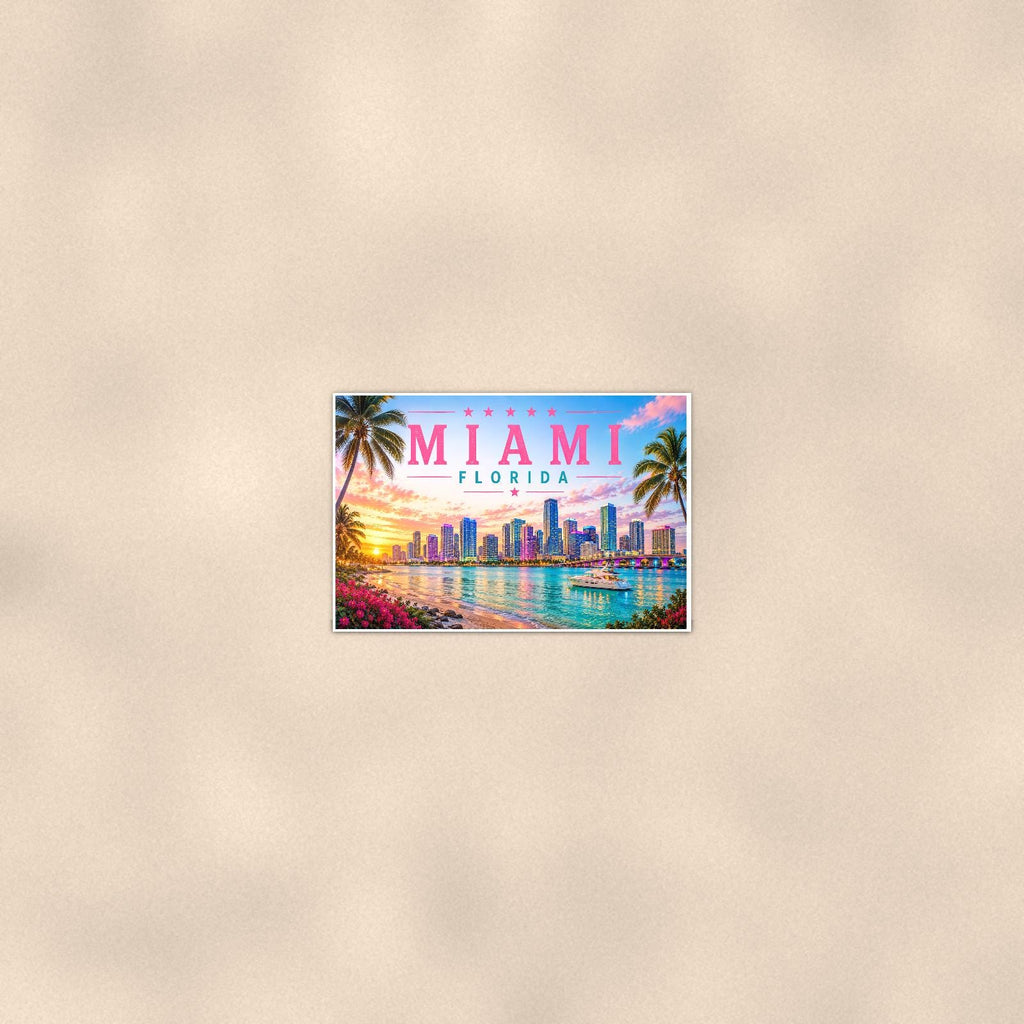 Miami Skyline — 36x24 in art print poster, premium luster paper with a white border; poster seen from further back, at true 24x36 in scale on a warm wall.