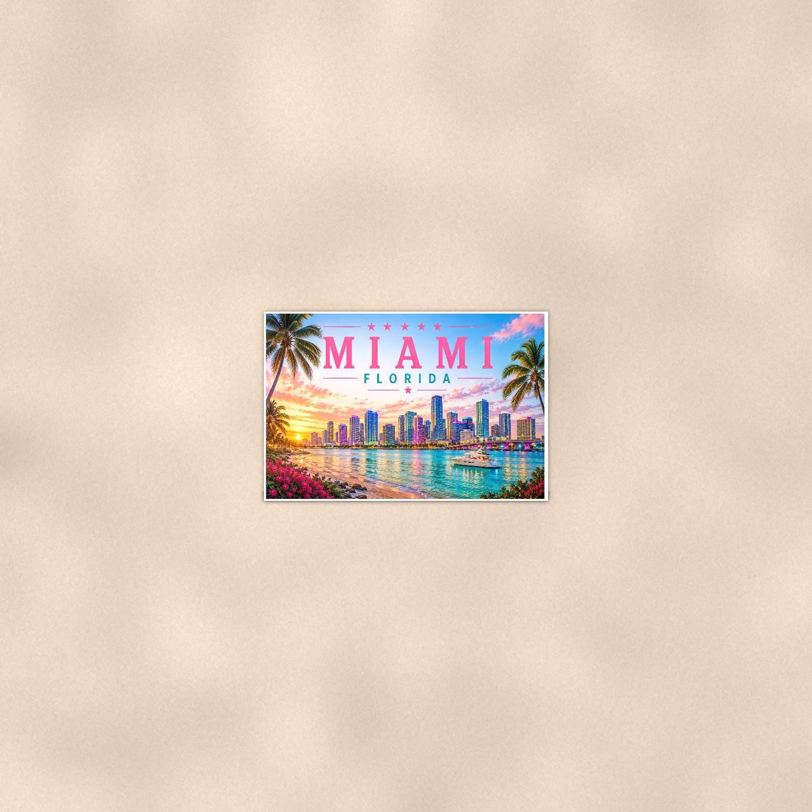 Miami Skyline — 36x24 in art print poster, premium luster paper with a white border; poster seen from further back, at true 24x36 in scale on a warm wall.
