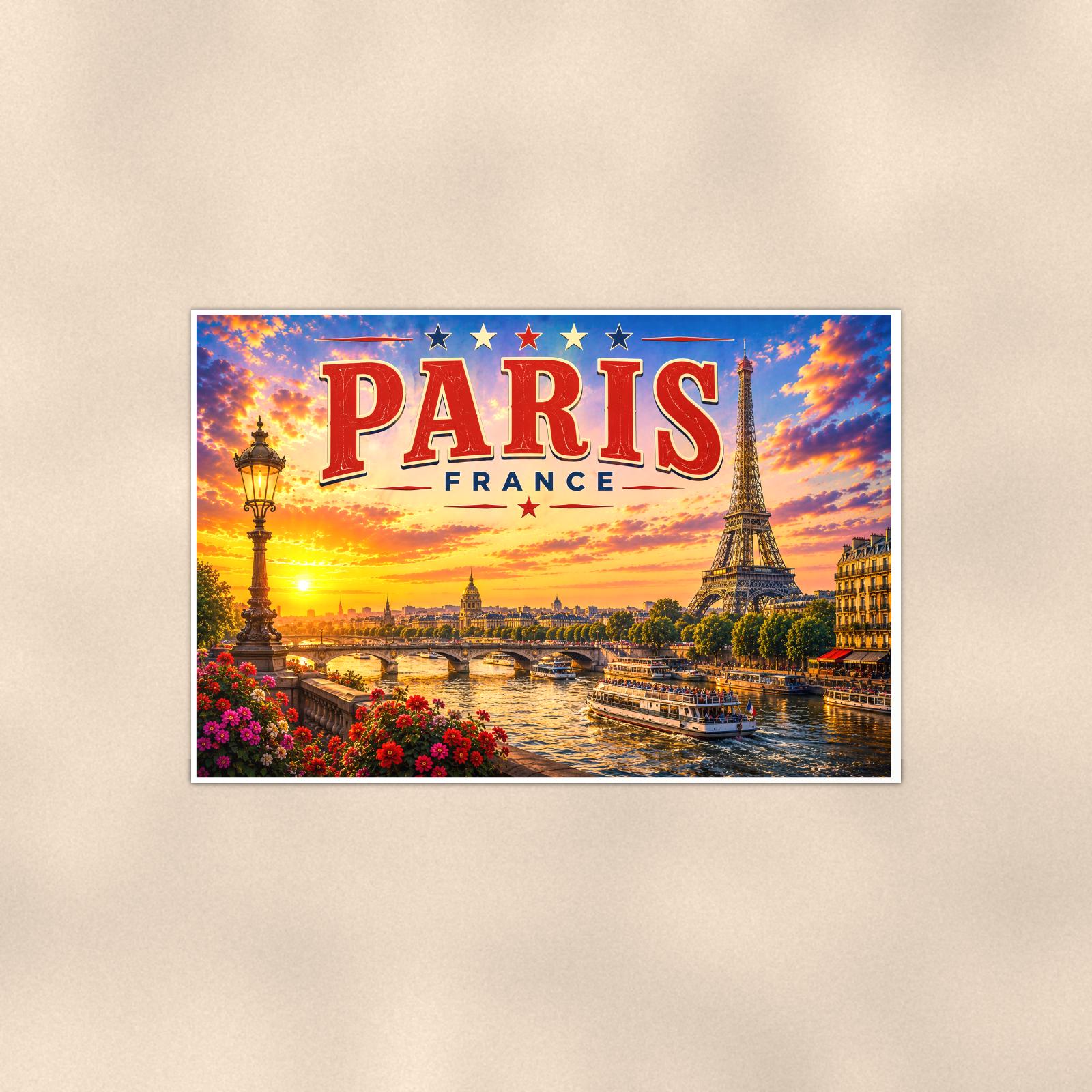 Paris Skyline — 36x24 in art print poster, premium luster paper with a white border; poster shown straight on against a warm wall.