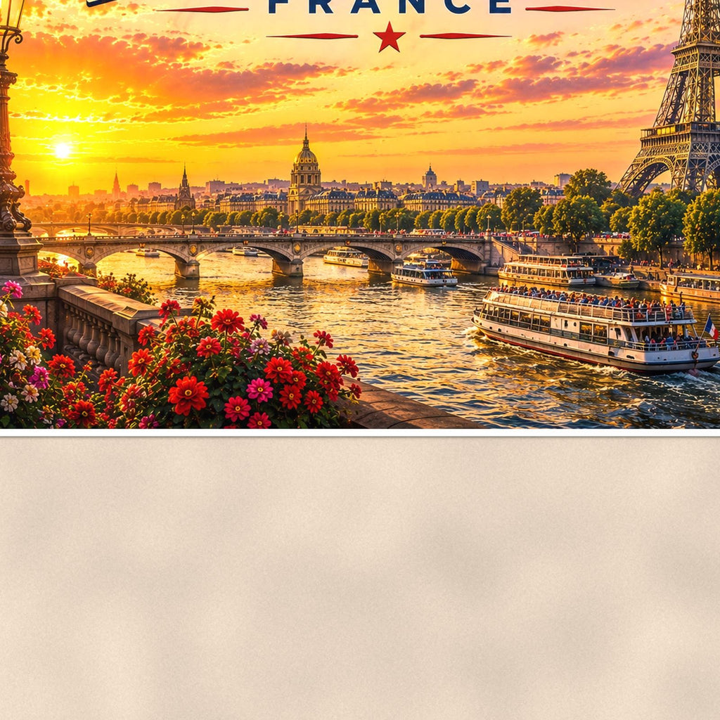 Paris Skyline — 36x24 in art print poster, premium luster paper with a white border; close-up framed on the main subject of the artwork, paper surface visible.